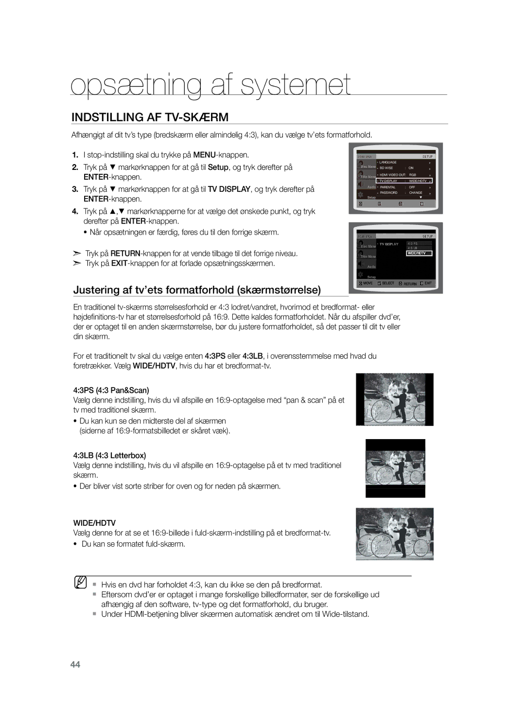 Samsung HT-TZ225R/XEE, HT-TZ222R/XEE Indstilling af tv-skærm, Justering af tv’ets formatforhold skærmstørrelse, Wide/Hdtv 