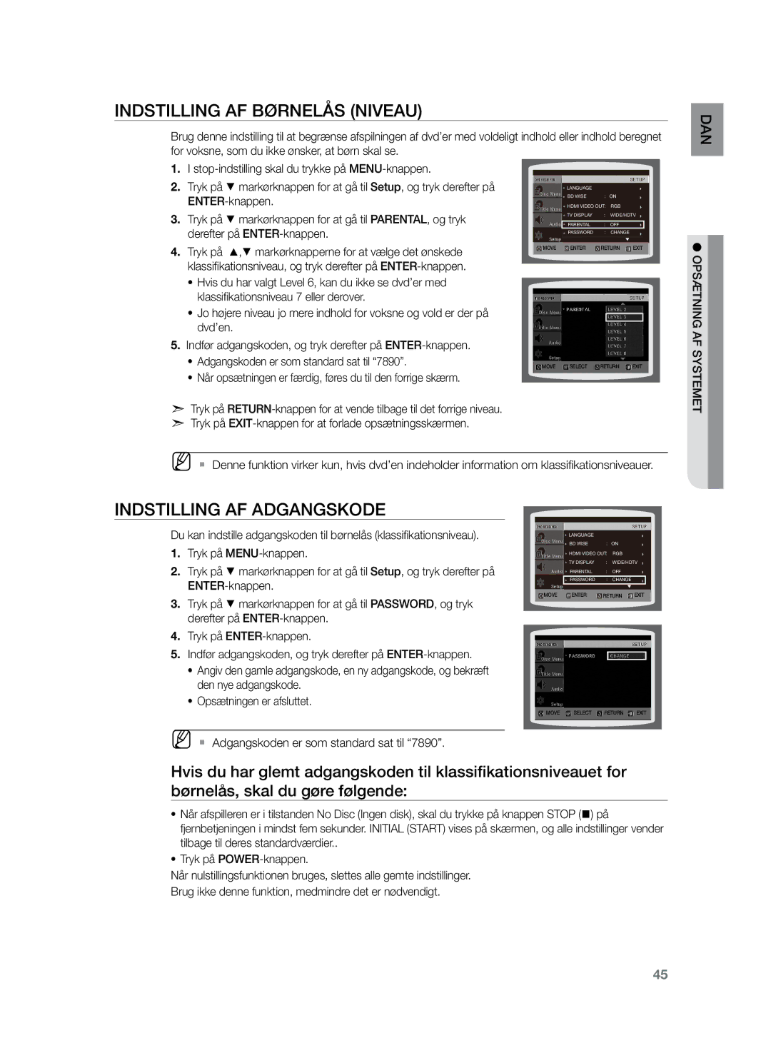 Samsung HT-TZ222R/XEE, HT-Z220R/XEE, HT-TZ225R/XEE manual Indstilling af børnelås Niveau, Indstilling af adgangskode, Dan af 