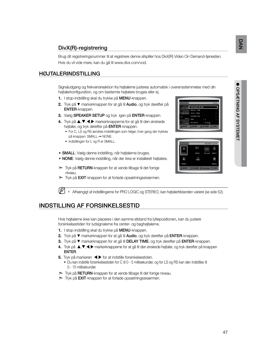 Samsung HT-TZ225R/XEE, HT-TZ222R/XEE manual Indstilling af forsinkelsestid, DivXR-registrering HøjtalerINDSTILLING, Enter 