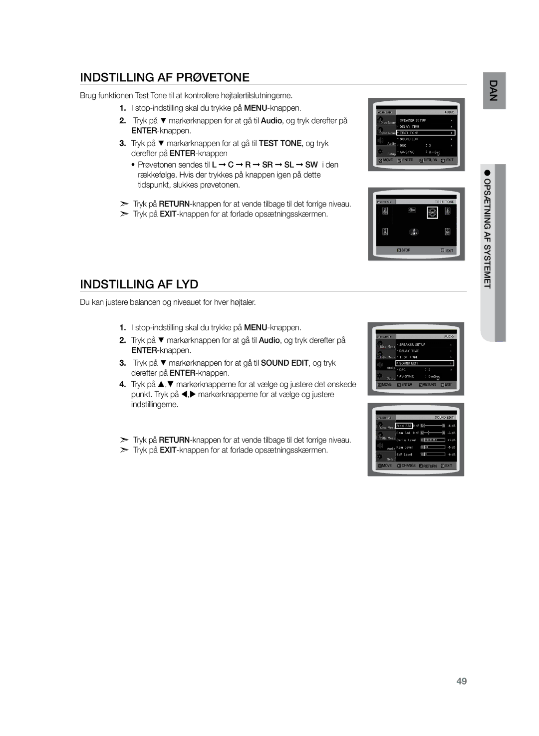 Samsung HT-Z220R/XEE, HT-TZ222R/XEE, HT-TZ225R/XEE manual Indstilling af prøvetone, Indstilling af lyd 