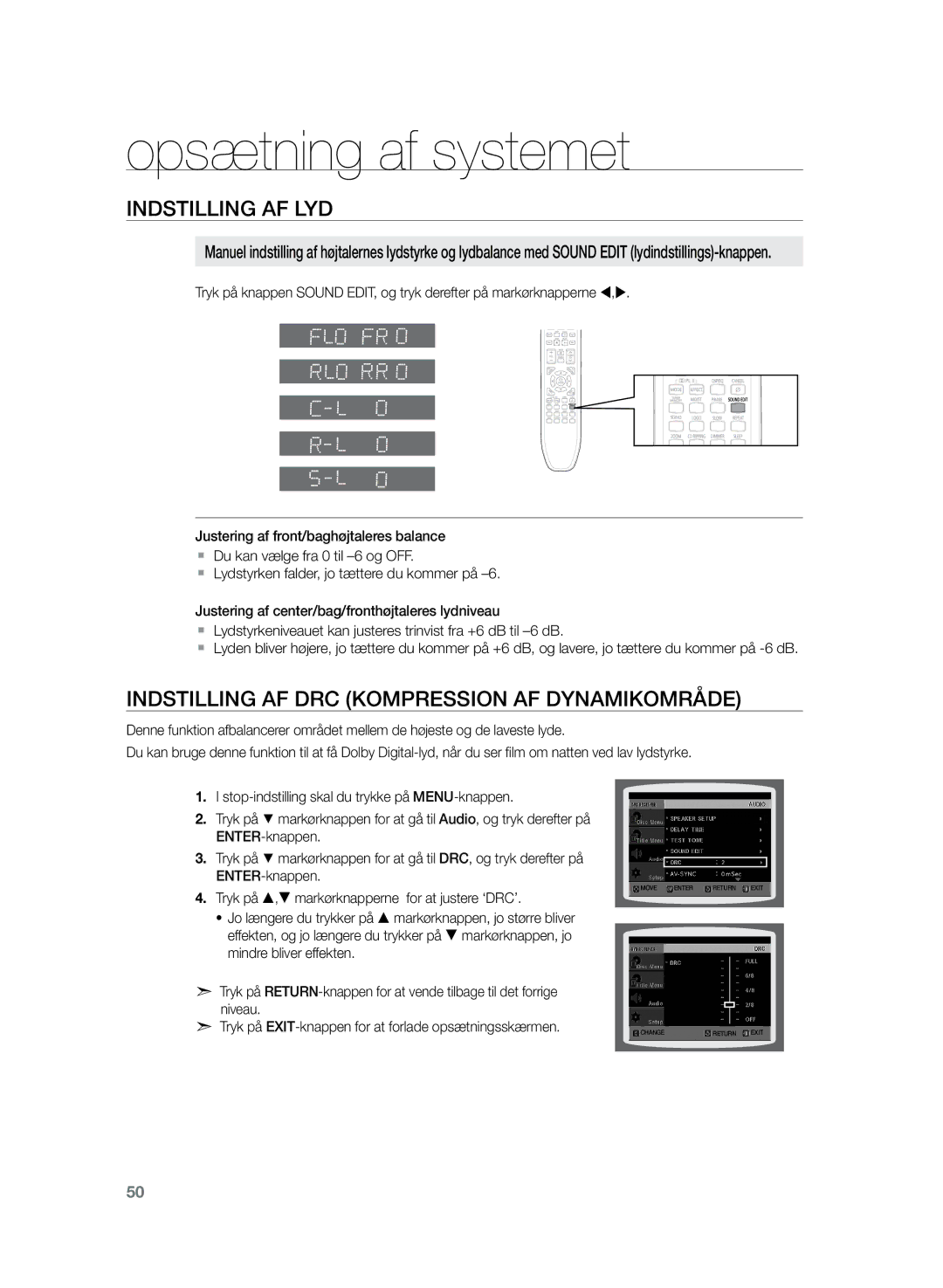 Samsung HT-TZ225R/XEE, HT-TZ222R/XEE, HT-Z220R/XEE manual Indstilling af DRC kompression af dynamikområde 