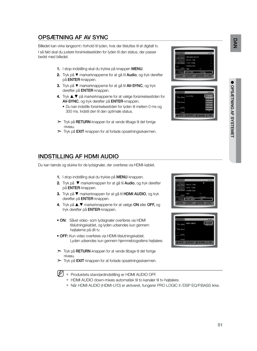 Samsung HT-TZ222R/XEE, HT-Z220R/XEE, HT-TZ225R/XEE Opsætning af AV Sync, Indstilling af Hdmi Audio, Afsystemet ætning ops 