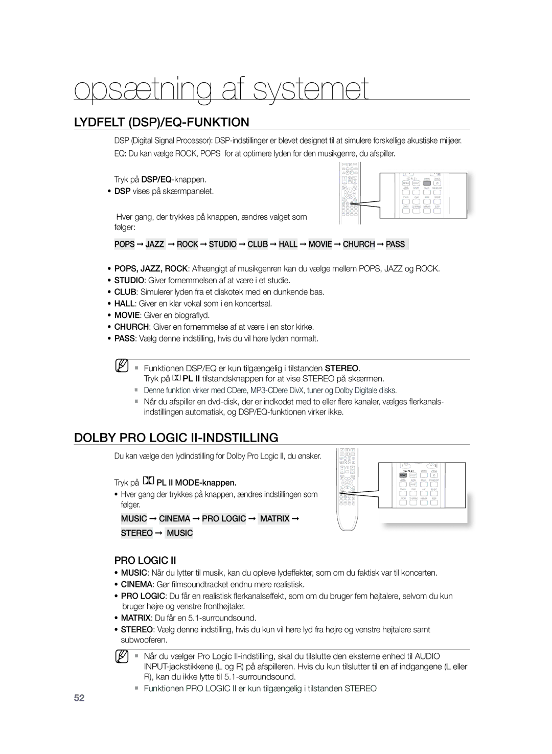 Samsung HT-Z220R/XEE Lydfelt DSP/EQ-funktion, Dolby Pro Logic II-indstilling, Music Cinema PRO Logic Matrix Stereo Music 