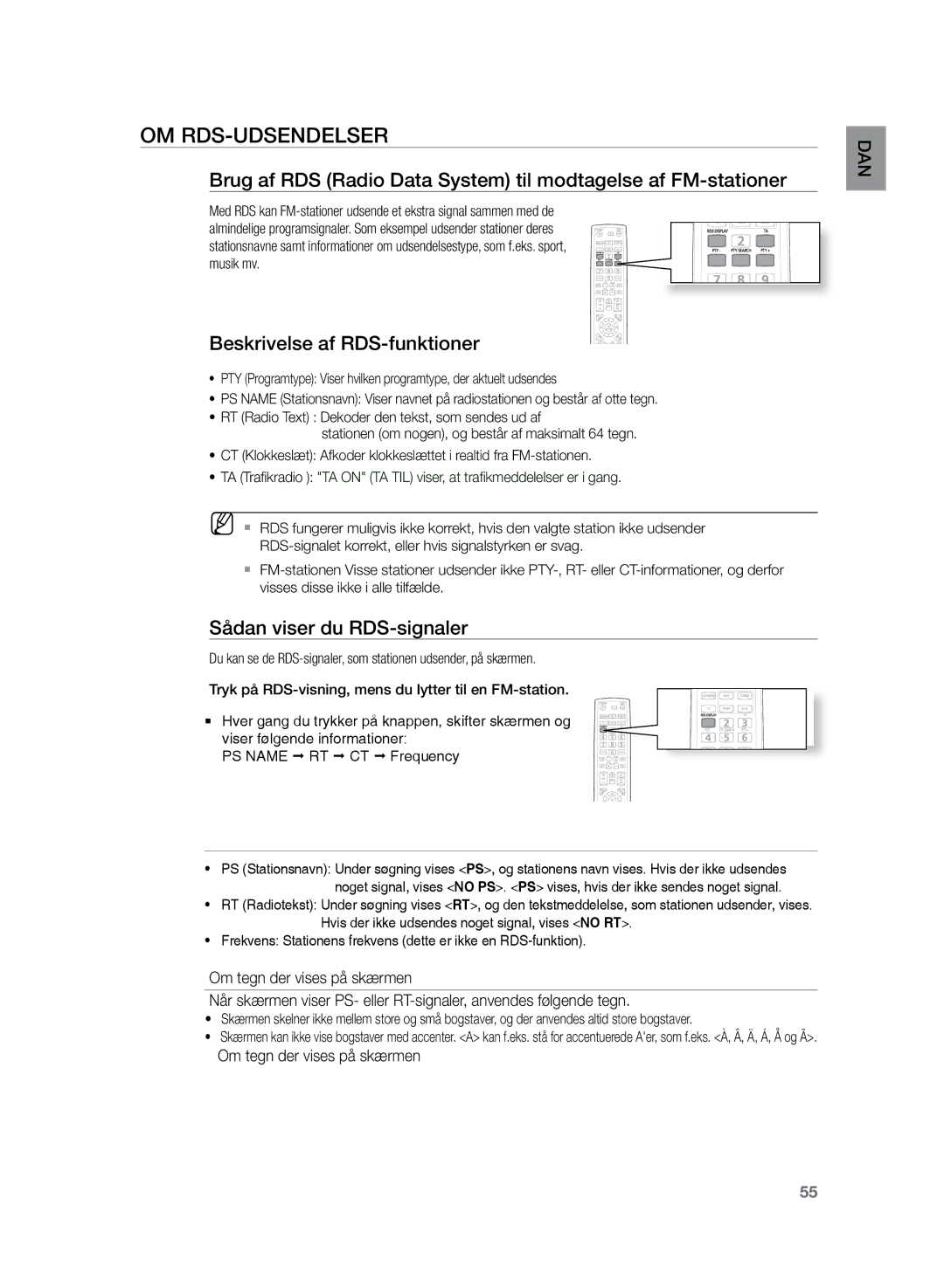 Samsung HT-Z220R/XEE, HT-TZ222R/XEE manual Om RDS-udsendelser, Beskrivelse af RDS-funktioner, Sådan viser du RDS-signaler 