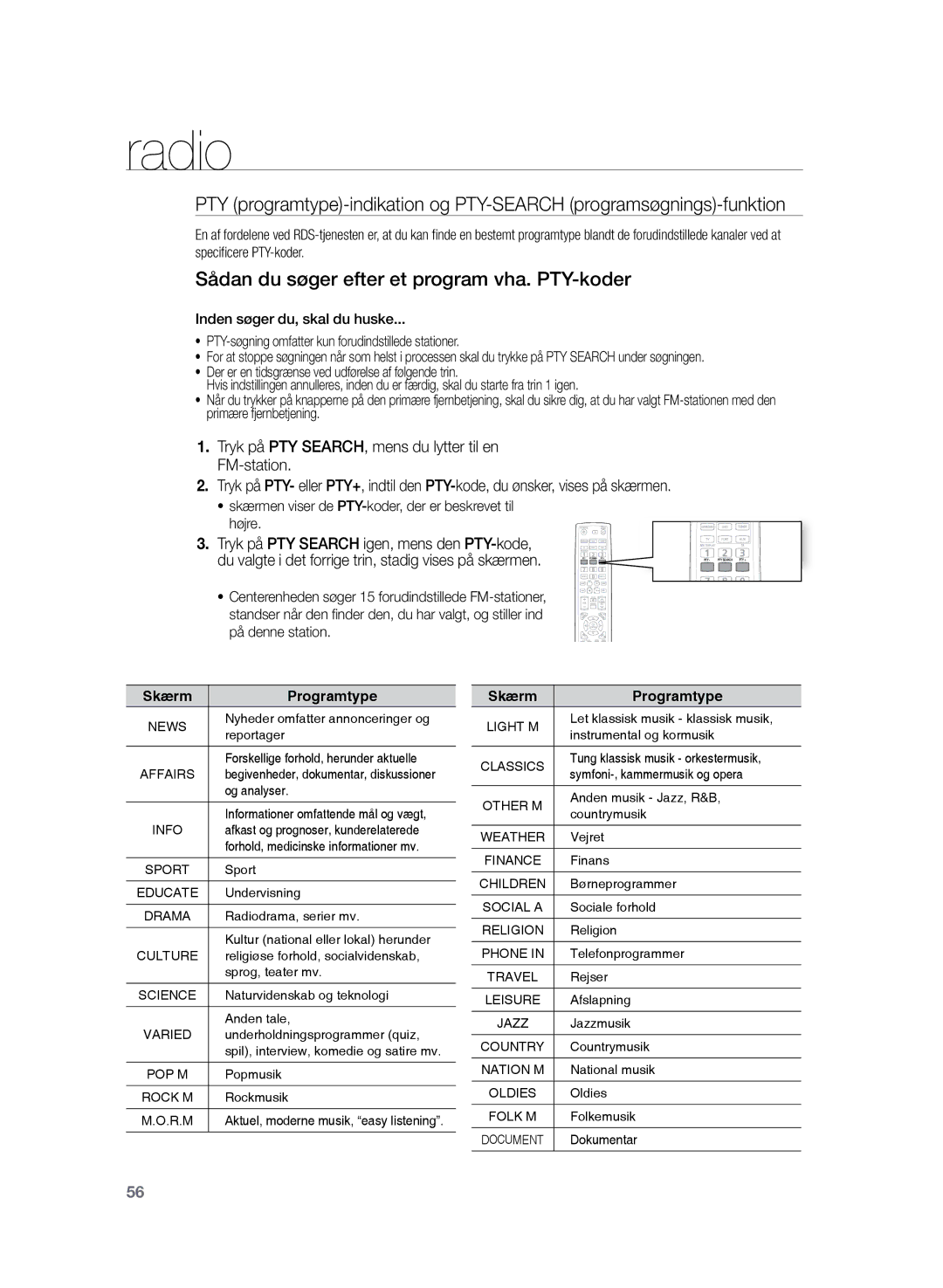 Samsung HT-TZ225R/XEE, HT-TZ222R/XEE, HT-Z220R/XEE manual Sådan du søger efter et program vha. PTY-koder 