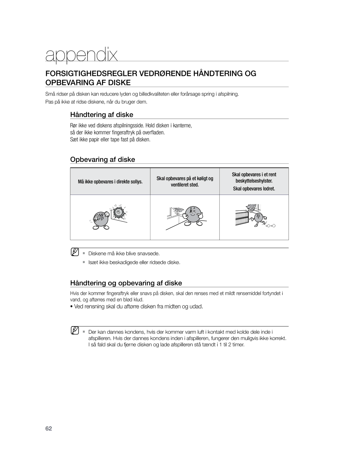 Samsung HT-TZ225R/XEE, HT-TZ222R/XEE Appendix, Håndtering af diske, Opbevaring af diske, Håndtering og opbevaring af diske 