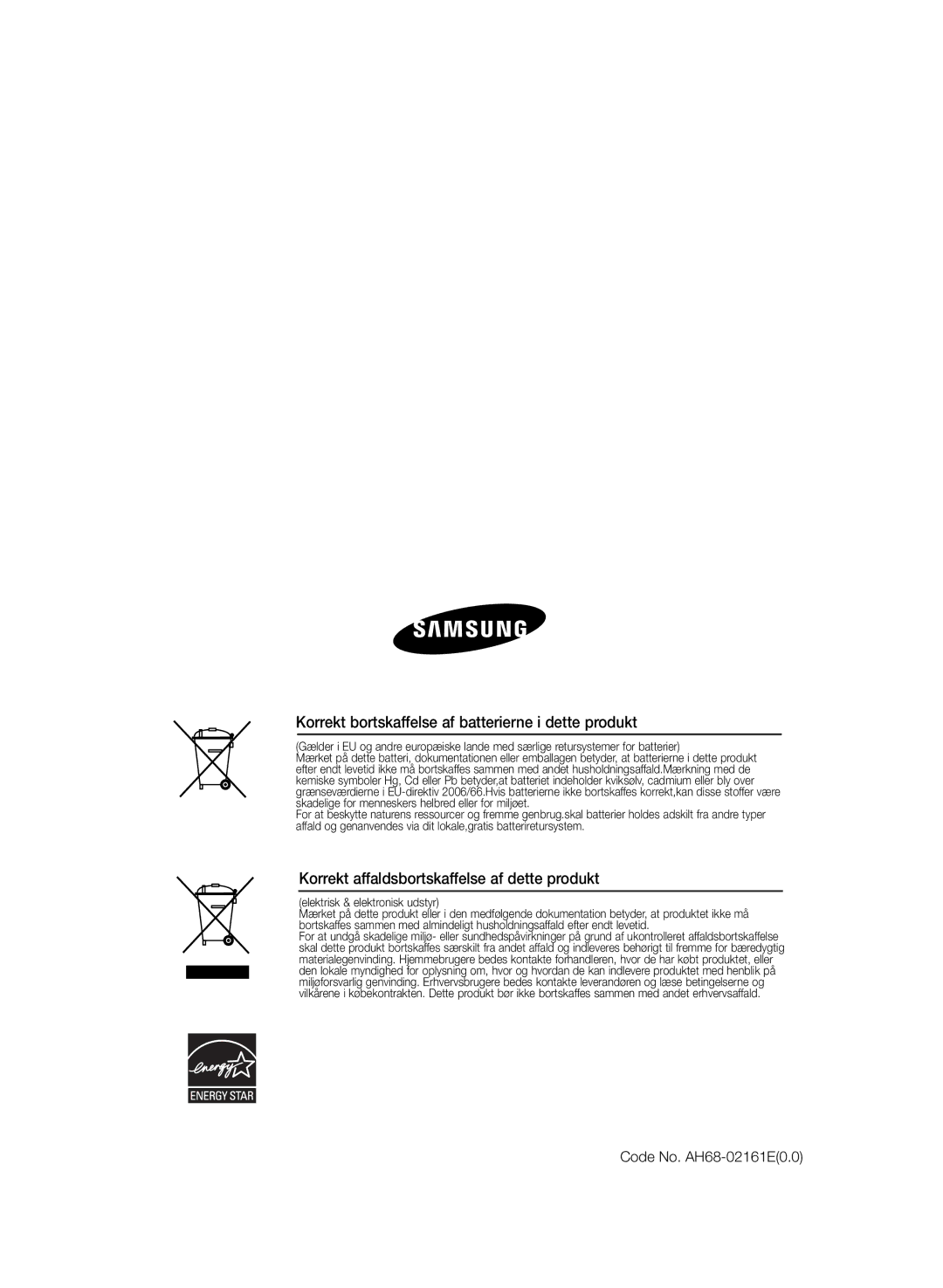 Samsung HT-TZ222R/XEE Korrekt bortskaffelse af batterierne i dette produkt, Korrekt affaldsbortskaffelse af dette produkt 