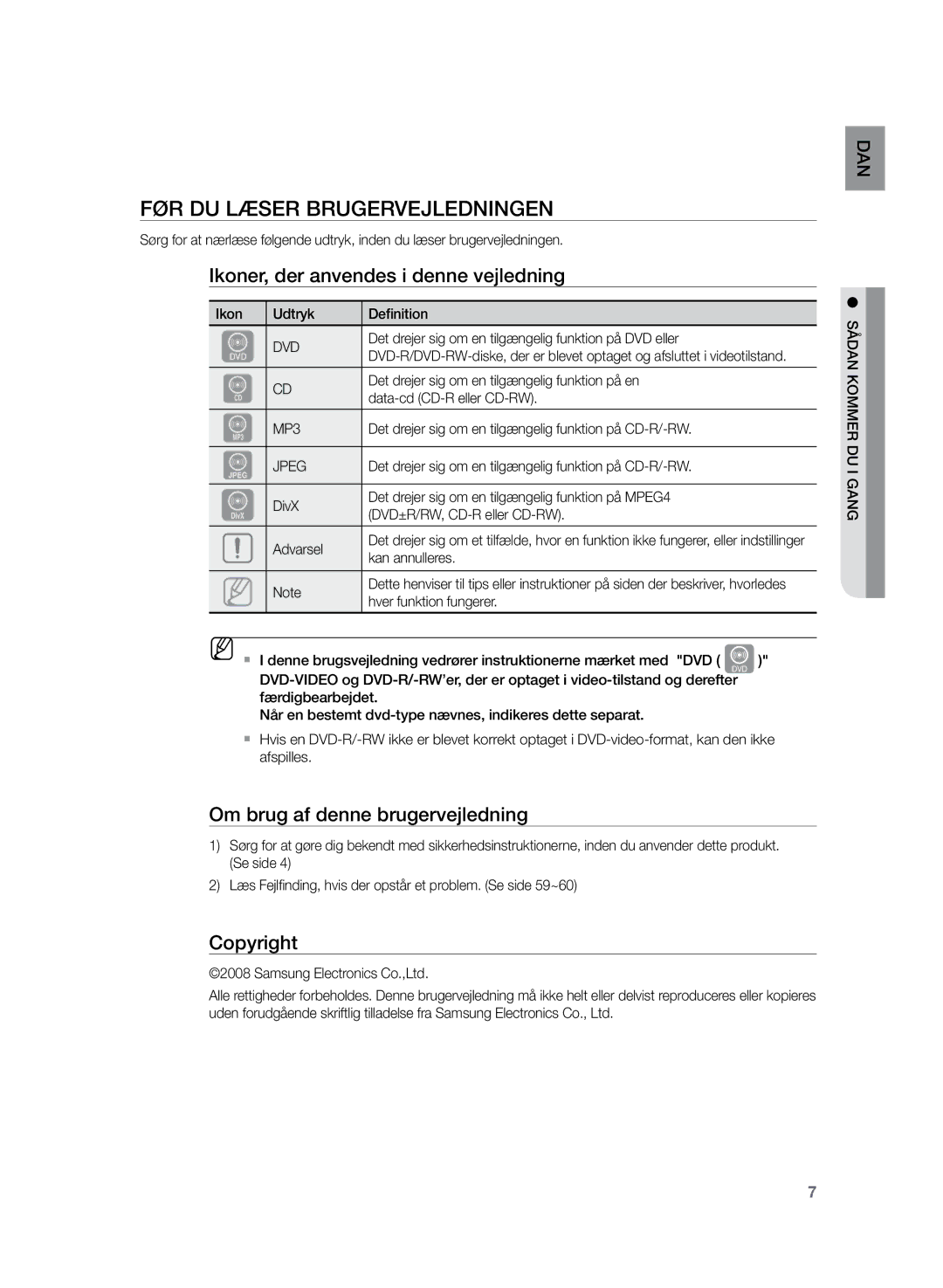 Samsung HT-Z220R/XEE, HT-TZ222R/XEE Før du læser brugervejledningen, Ikoner, der anvendes i denne vejledning, Copyright 