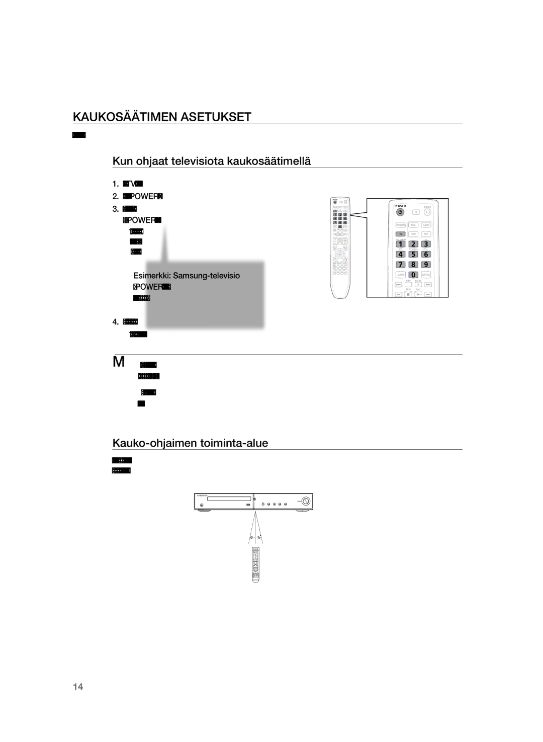 Samsung HT-TZ225R/XEE manual Kaukosäätimen asetukset, Kun ohjaat televisiota kaukosäätimellä, Kauko-ohjaimen toiminta-alue 