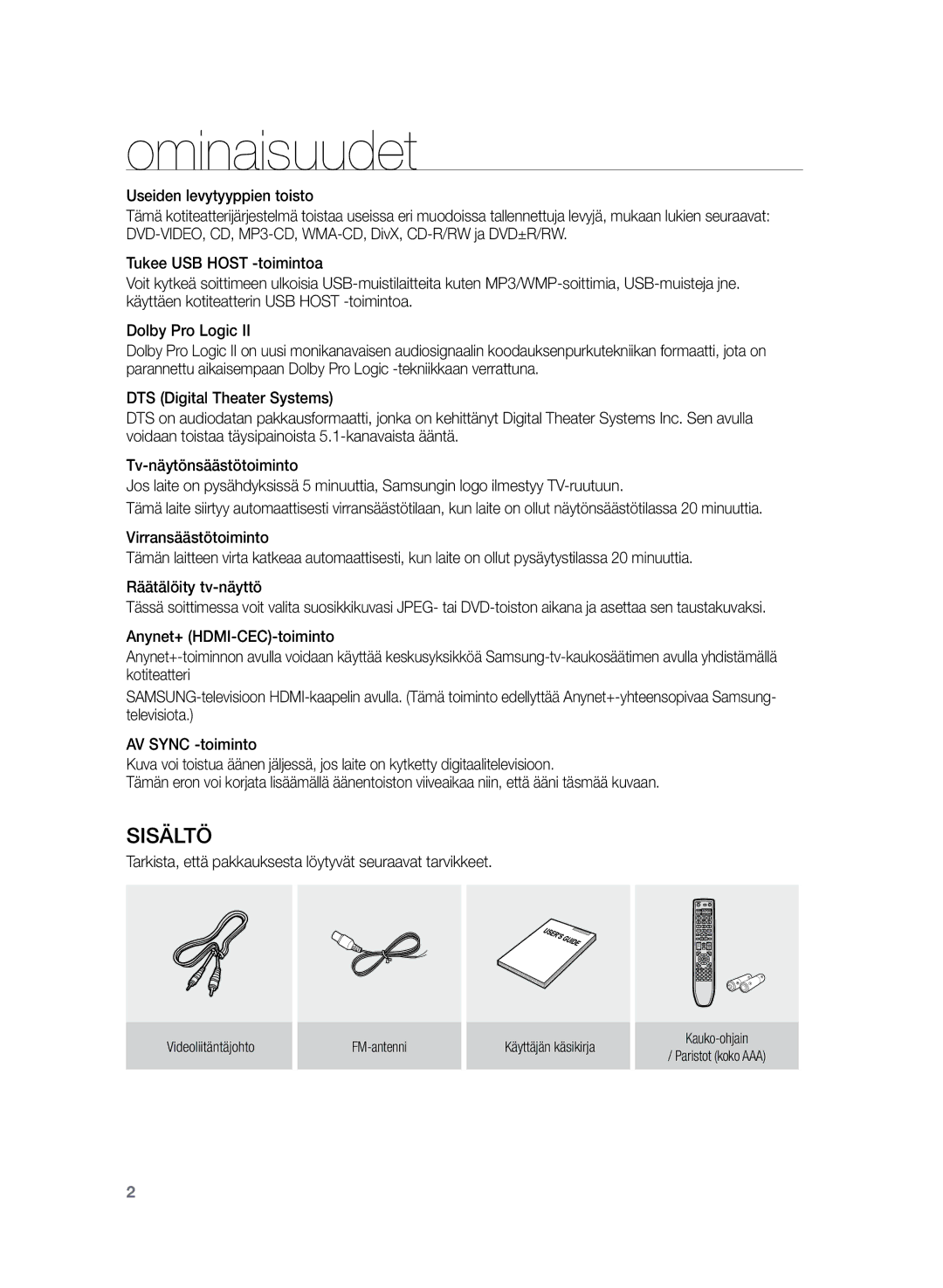 Samsung HT-TZ225R/XEE, HT-TZ222R/XEE, HT-Z220R/XEE manual Ominaisuudet, Sisältö 