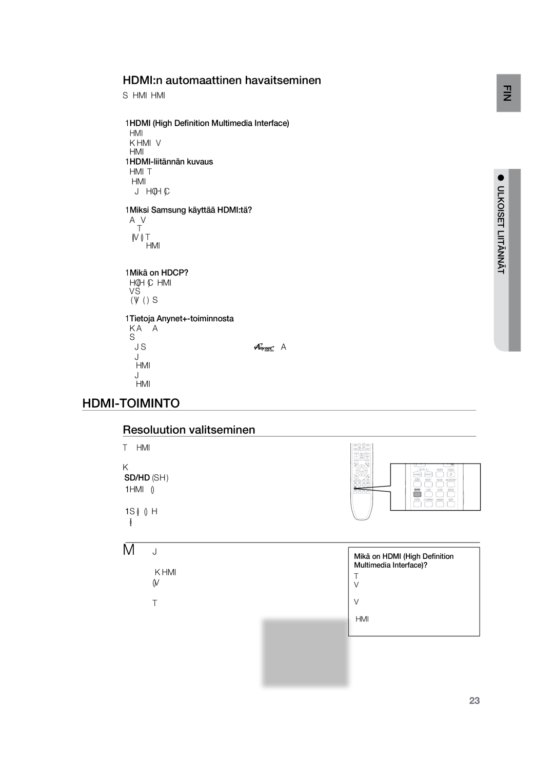 Samsung HT-TZ225R/XEE, HT-TZ222R/XEE manual HDMI-toiminto, HDMIn automaattinen havaitseminen, Resoluution valitseminen 