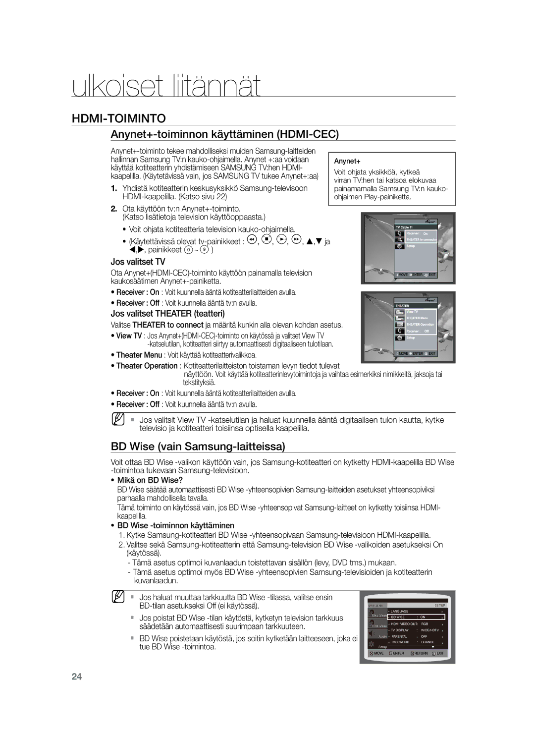 Samsung HT-TZ222R/XEE, HT-Z220R/XEE, HT-TZ225R/XEE Anynet+-toiminnon käyttäminen HDMI-CEC, BD Wise vain Samsung-laitteissa 