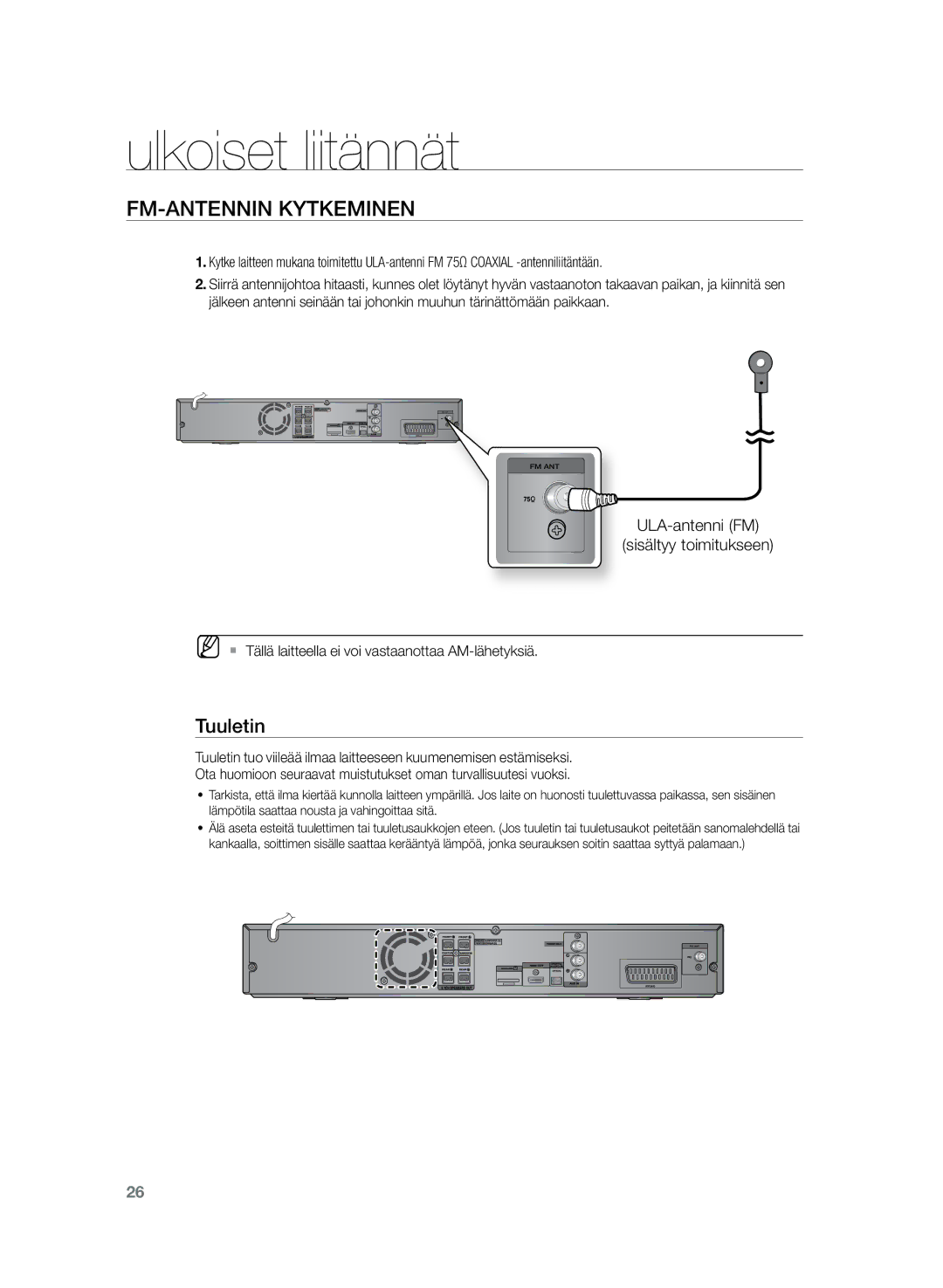 Samsung HT-TZ225R/XEE manual FM-antennin kytkeminen, Tuuletin, MM`` Tällä laitteella ei voi vastaanottaa AM-lähetyksiä 