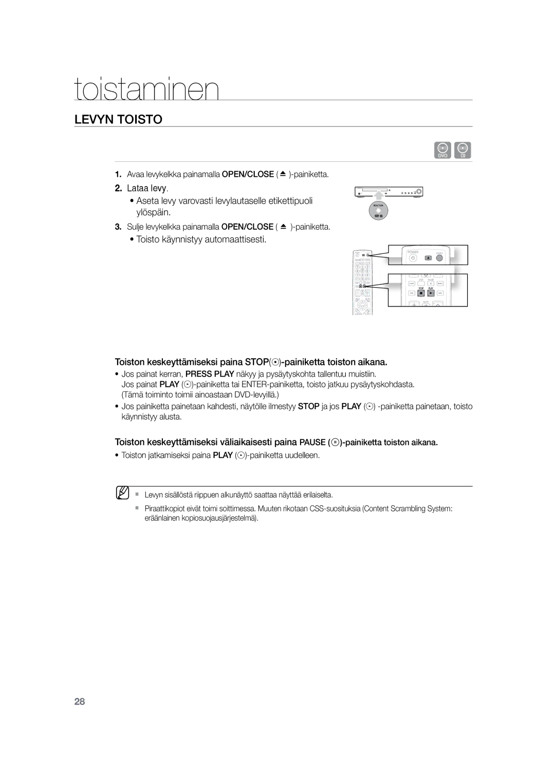 Samsung HT-Z220R/XEE, HT-TZ222R/XEE manual Toistaminen, Levyn toisto, Avaa levykelkka painamalla OPEN/CLOSE -painiketta 