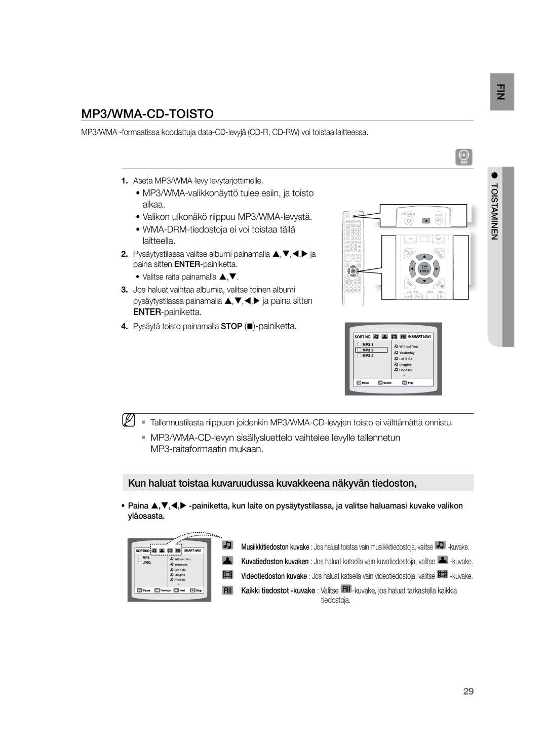 Samsung HT-TZ225R/XEE, HT-TZ222R/XEE, HT-Z220R/XEE manual MP3/WMA-CD-toisto, Pysäytä toisto painamalla Stop @-painiketta 