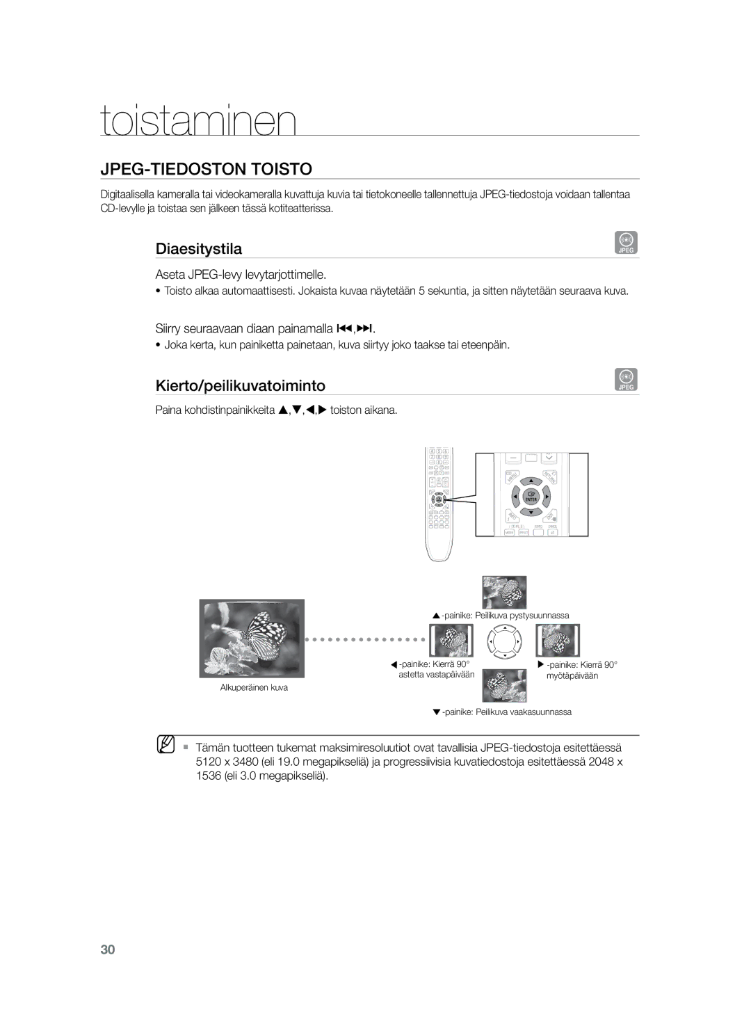 Samsung HT-TZ222R/XEE, HT-Z220R/XEE, HT-TZ225R/XEE manual JPEG-tiedoston toisto, Diaesitystila, Kierto/peilikuvatoiminto 