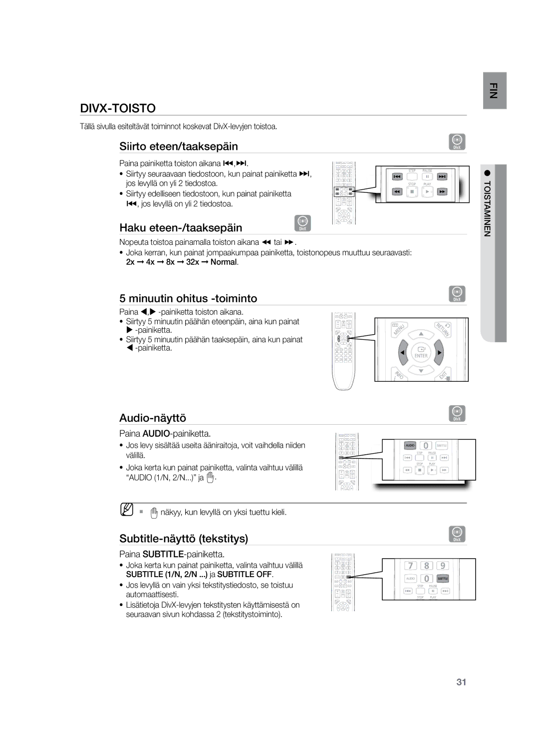 Samsung HT-Z220R/XEE, HT-TZ222R/XEE, HT-TZ225R/XEE manual DivX-toisto 