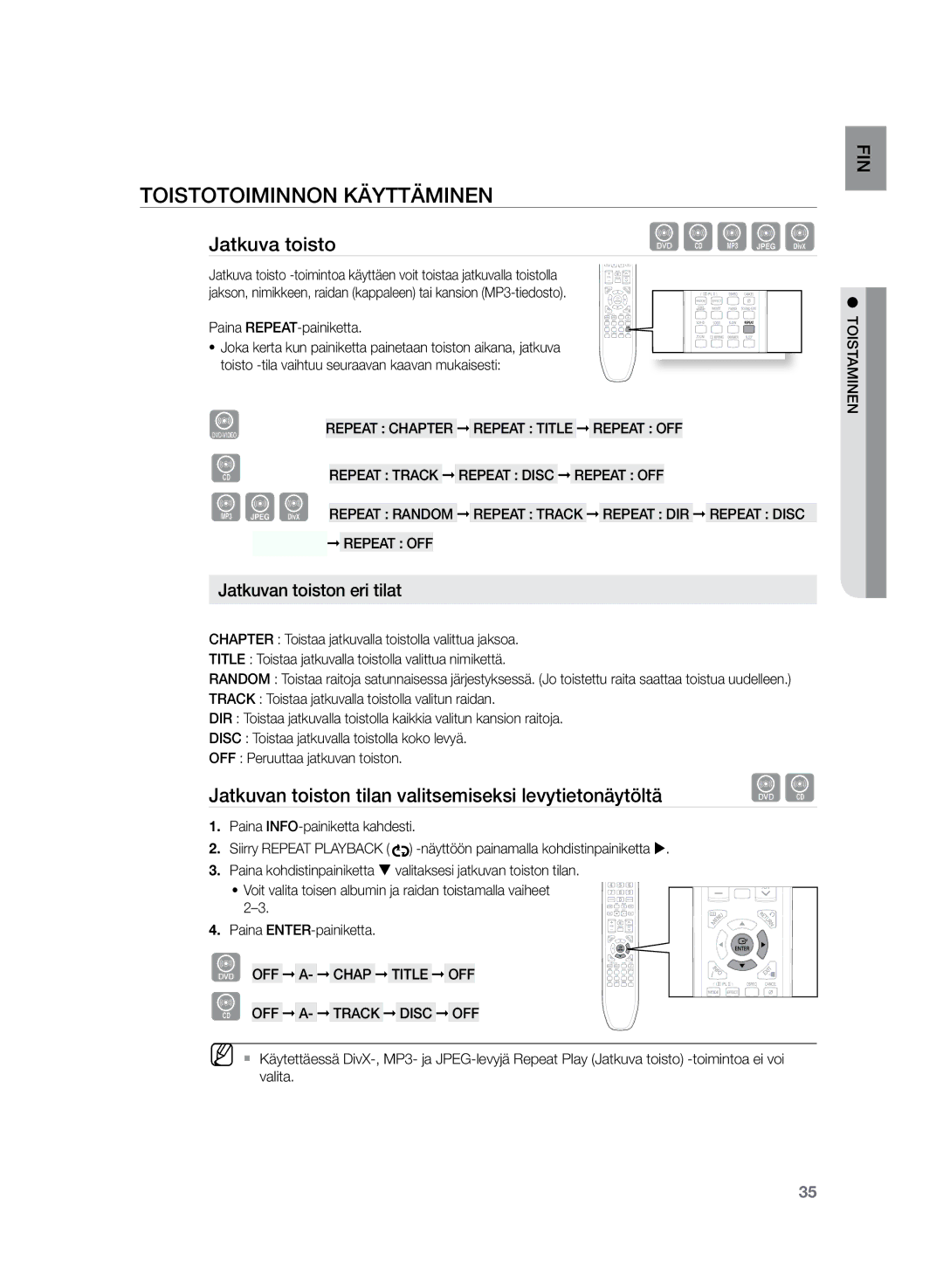 Samsung HT-TZ225R/XEE Jatkuva toisto, Jatkuvan toiston tilan valitsemiseksi levytietonäytöltä, Paina REPEAT-painiketta 