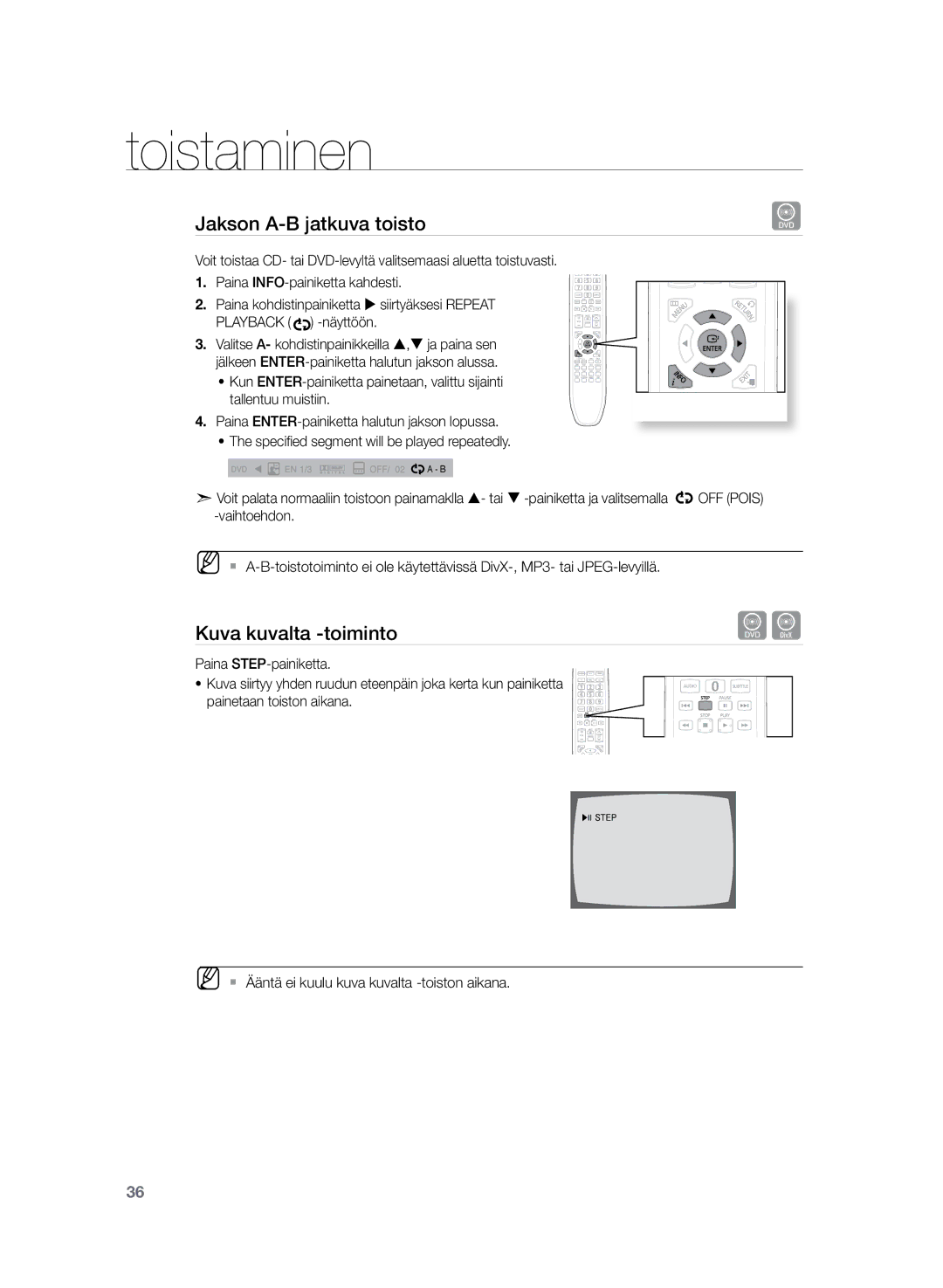 Samsung HT-TZ222R/XEE, HT-Z220R/XEE, HT-TZ225R/XEE manual Jakson A-B jatkuva toisto, Kuva kuvalta -toiminto 