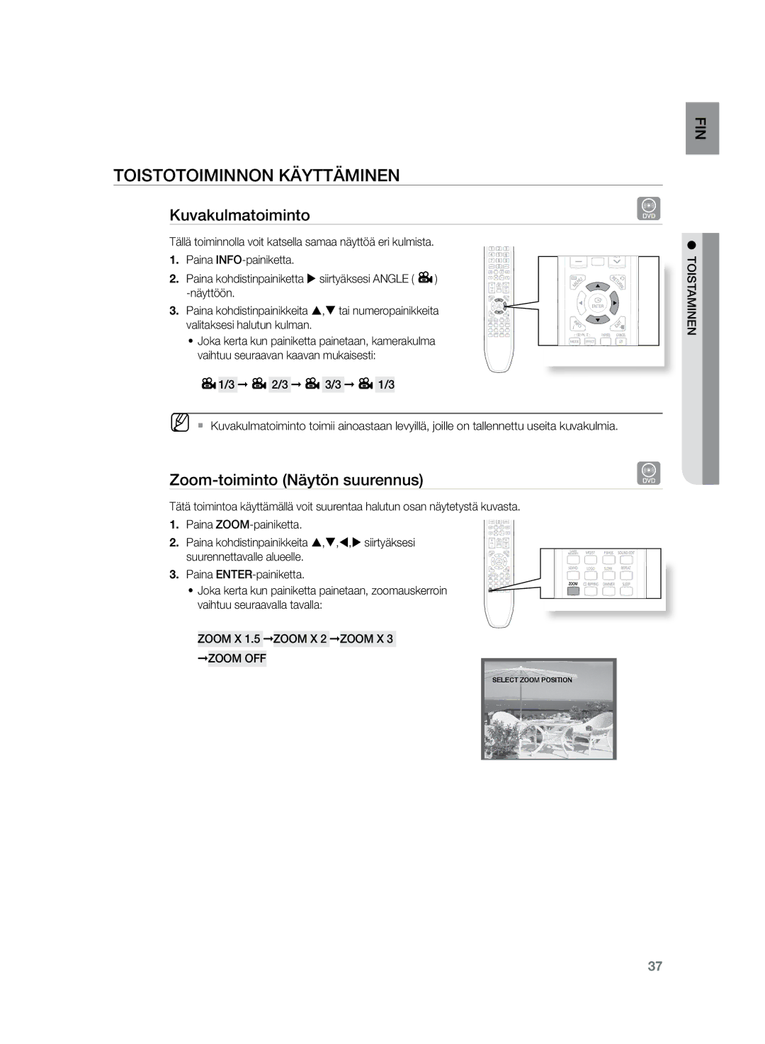 Samsung HT-Z220R/XEE manual Kuvakulmatoiminto, Zoom-toiminto Näytön suurennus, Zoom X 1.5 Zoom X 2 Zoom X 3 Zoom OFF 