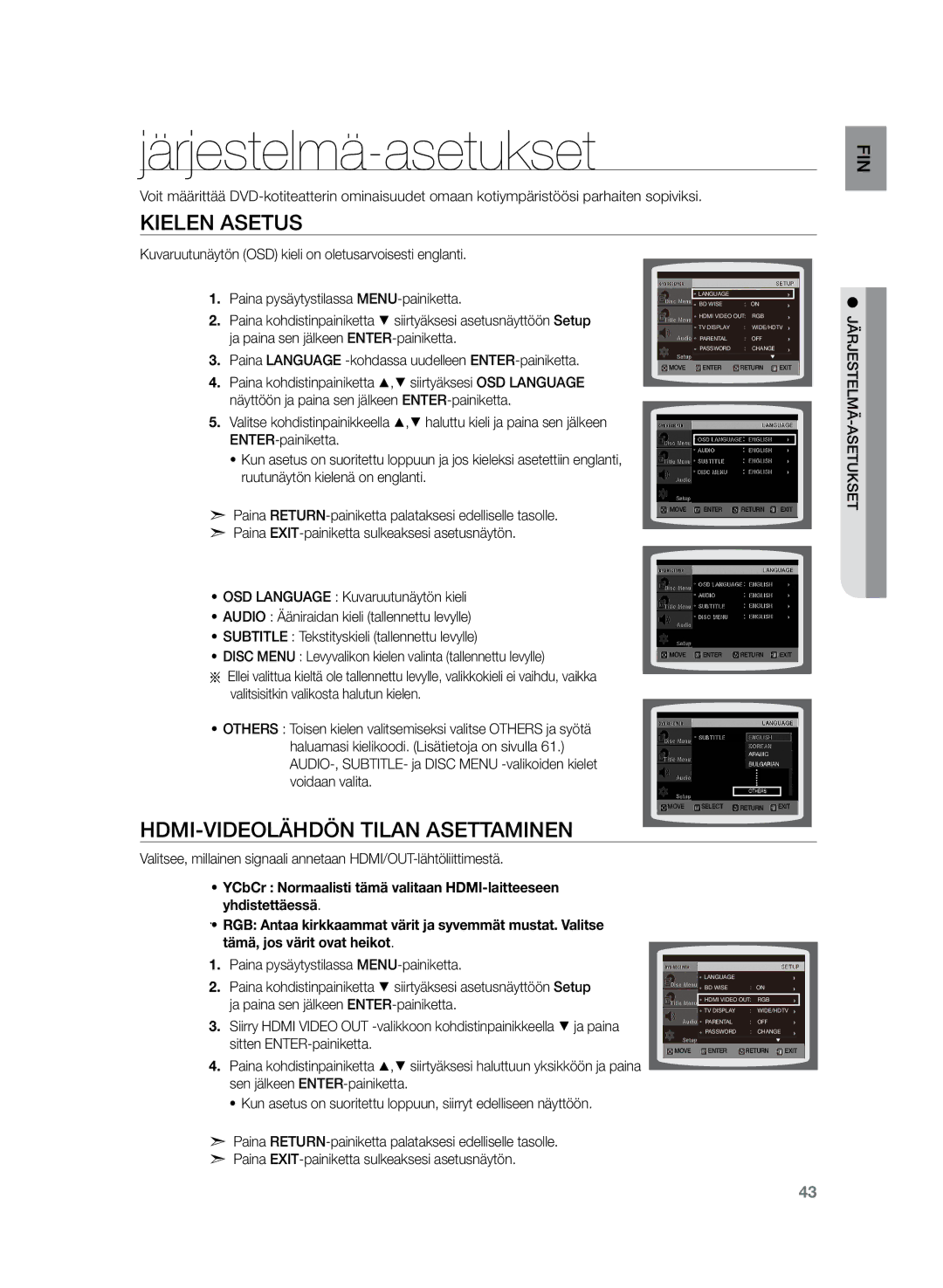 Samsung HT-Z220R/XEE manual Järjestelmä-asetukset, Kielen asetus, Paina Language -kohdassa uudelleen ENTER-painiketta 