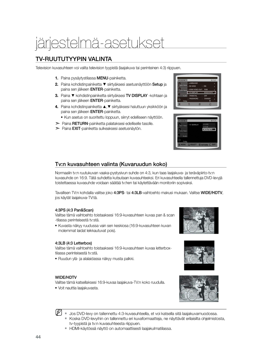 Samsung HT-TZ225R/XEE, HT-TZ222R/XEE manual Tv-ruututyypin valinta, Tvn kuvasuhteen valinta Kuvaruudun koko, Wide/Hdtv 