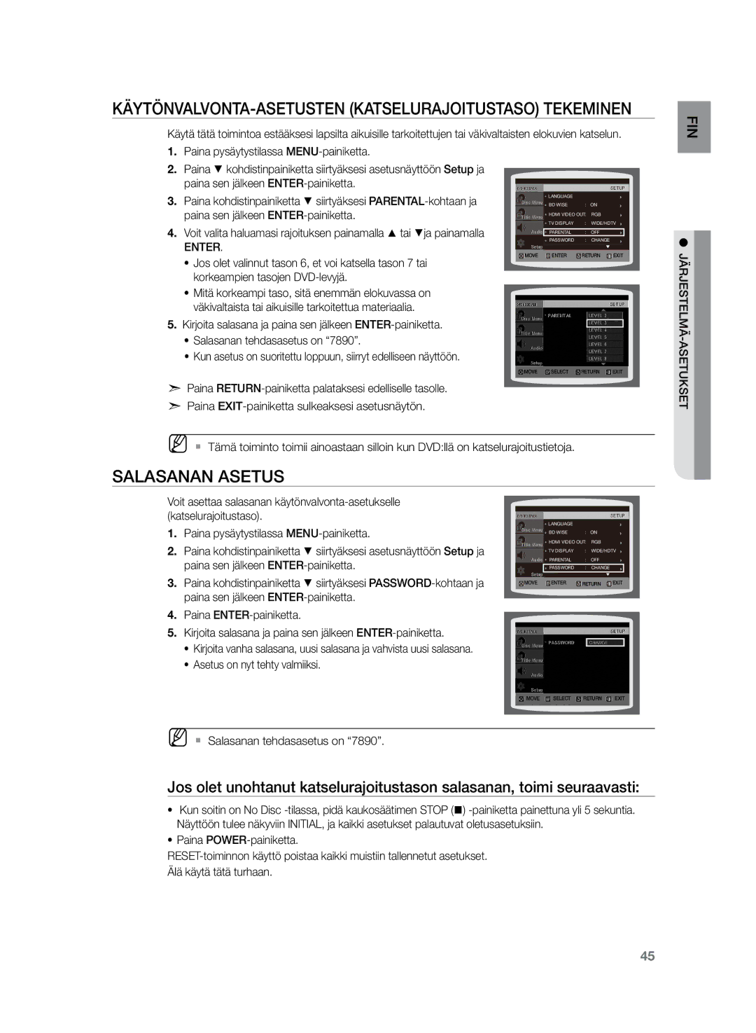 Samsung HT-TZ222R/XEE, HT-Z220R/XEE manual Käytönvalvonta-asetusten Katselurajoitustaso tekeminen, Salasanan asetus, Enter 