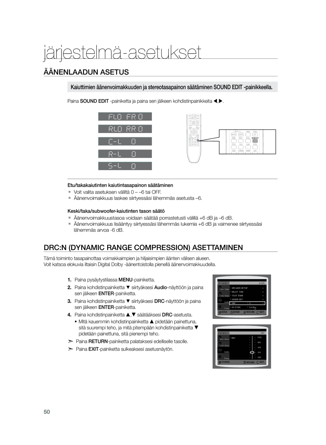 Samsung HT-TZ225R/XEE, HT-TZ222R/XEE, HT-Z220R/XEE manual DRCn Dynamic Range Compression asettaminen 