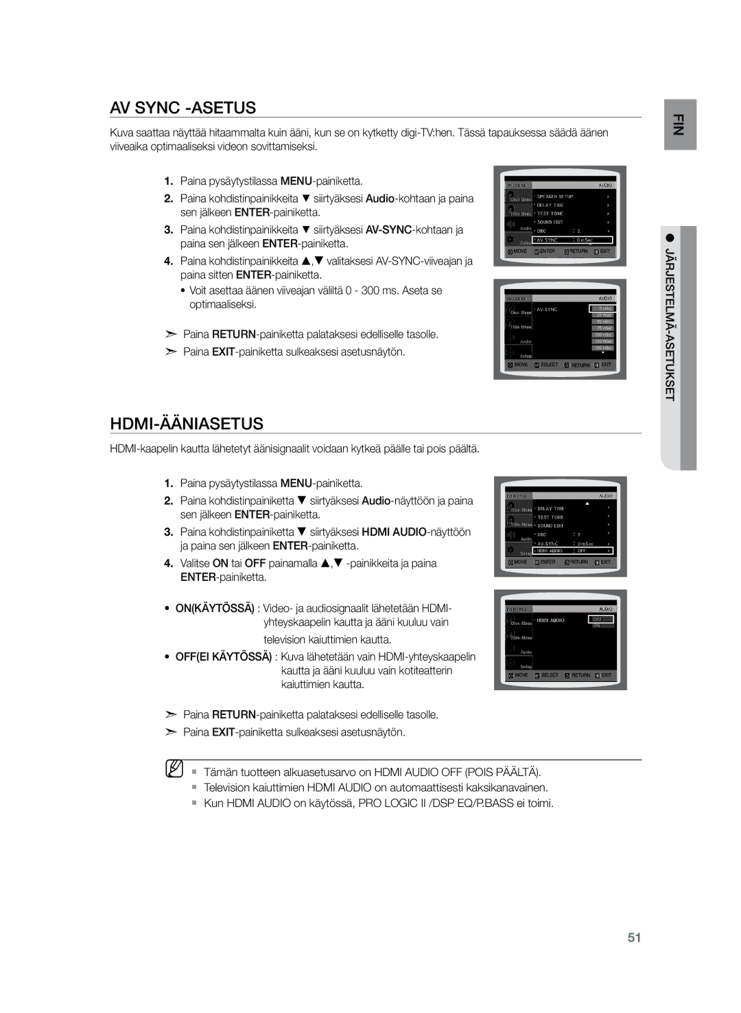 Samsung HT-TZ222R/XEE, HT-Z220R/XEE, HT-TZ225R/XEE manual AV Sync -asetus, HDMI-ääniasetus 