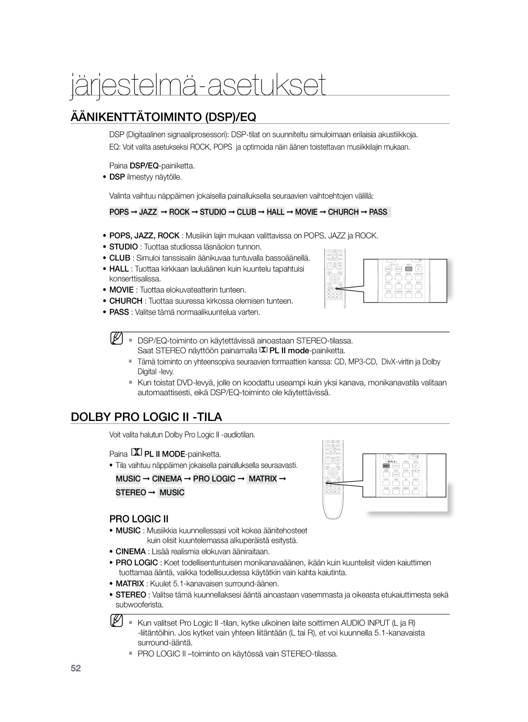 Samsung HT-Z220R/XEE manual Äänikenttätoiminto DSP/EQ, Dolby Pro Logic II -tila, Music Cinema PRO Logic Matrix Stereo Music 