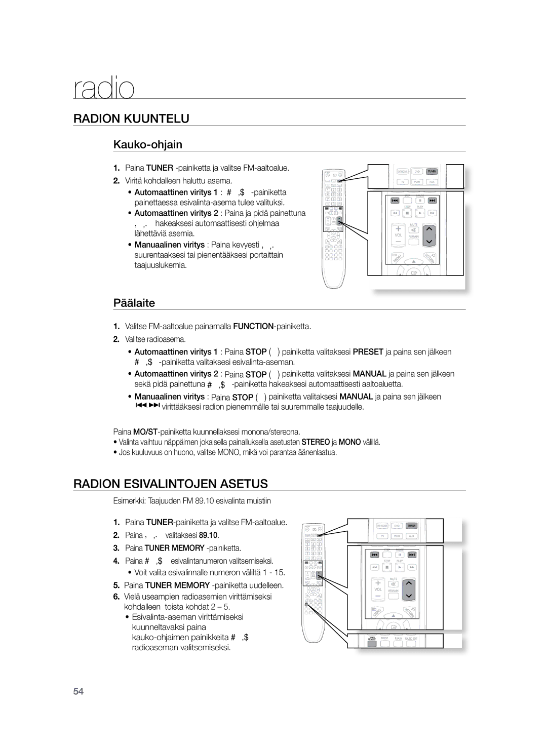 Samsung HT-TZ222R/XEE, HT-Z220R/XEE, HT-TZ225R/XEE Radion kuuntelu, Radion esivalintojen asetus, Kauko-ohjain, Päälaite 