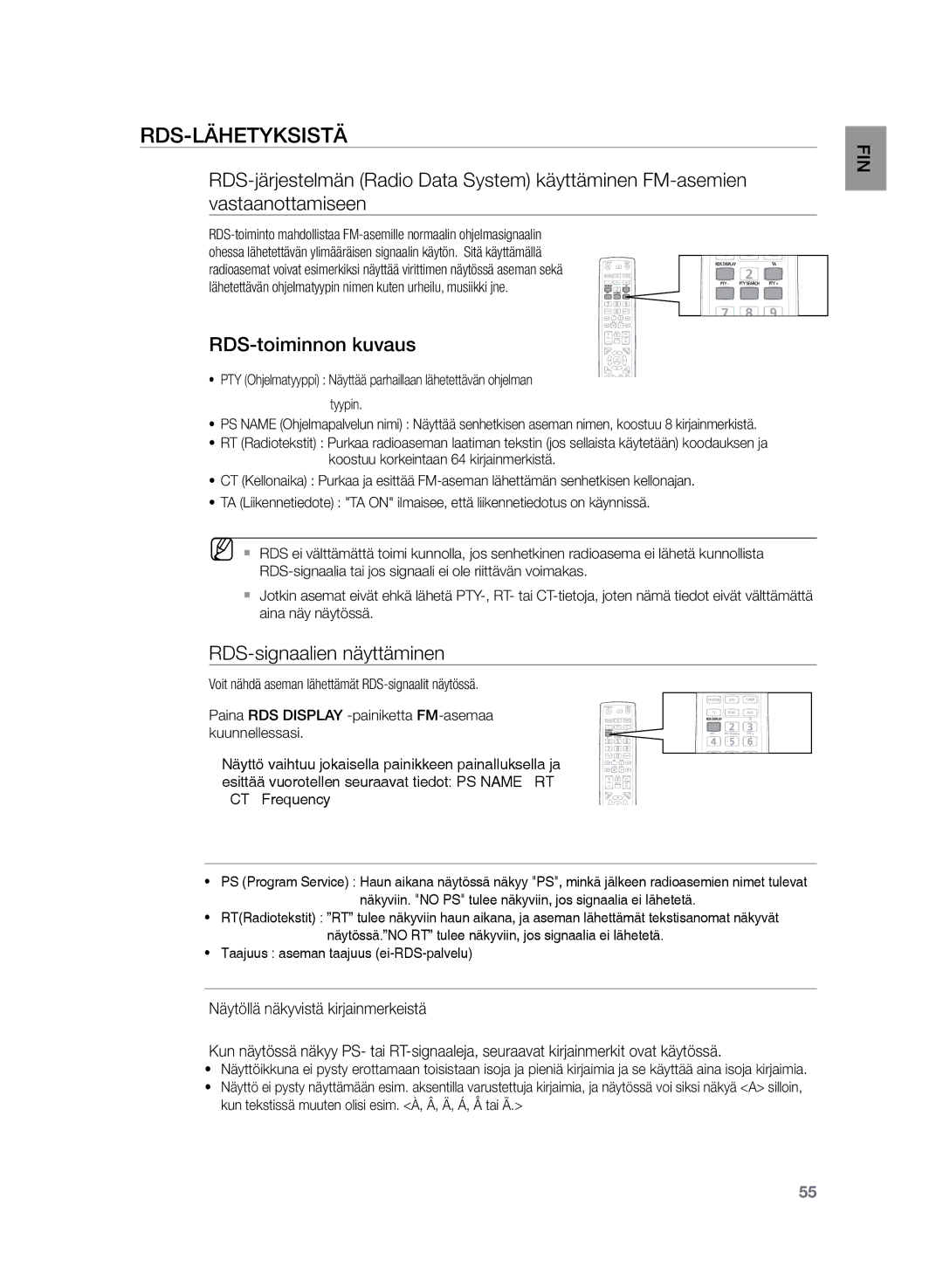 Samsung HT-Z220R/XEE, HT-TZ222R/XEE, HT-TZ225R/XEE manual RDS-lähetyksistä, RDS-toiminnon kuvaus, RDS-signaalien näyttäminen 