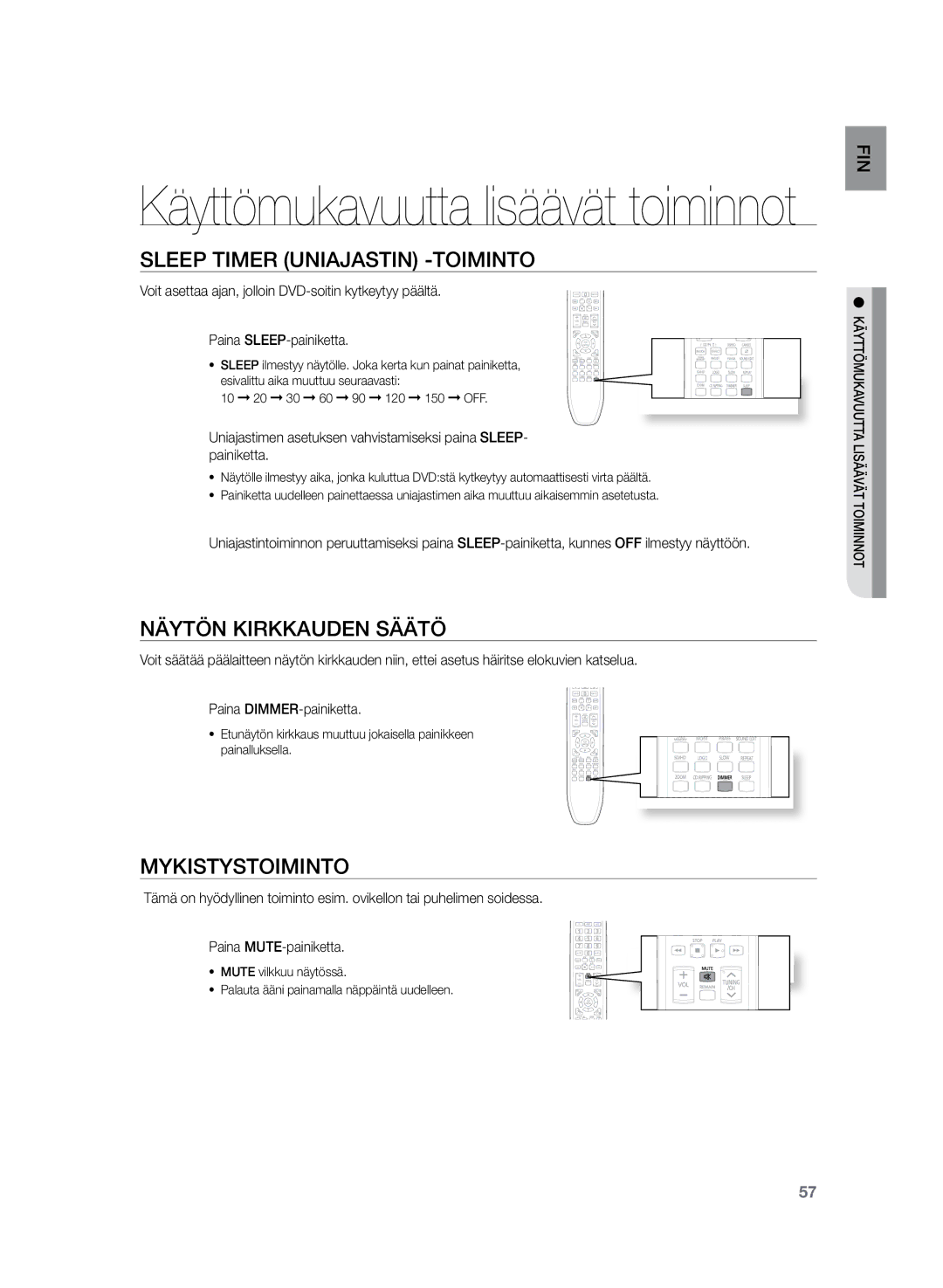 Samsung HT-TZ222R/XEE, HT-Z220R/XEE manual Sleep Timer uniajastin -toiminto, Näytön kirkkauden säätö, Mykistystoiminto 