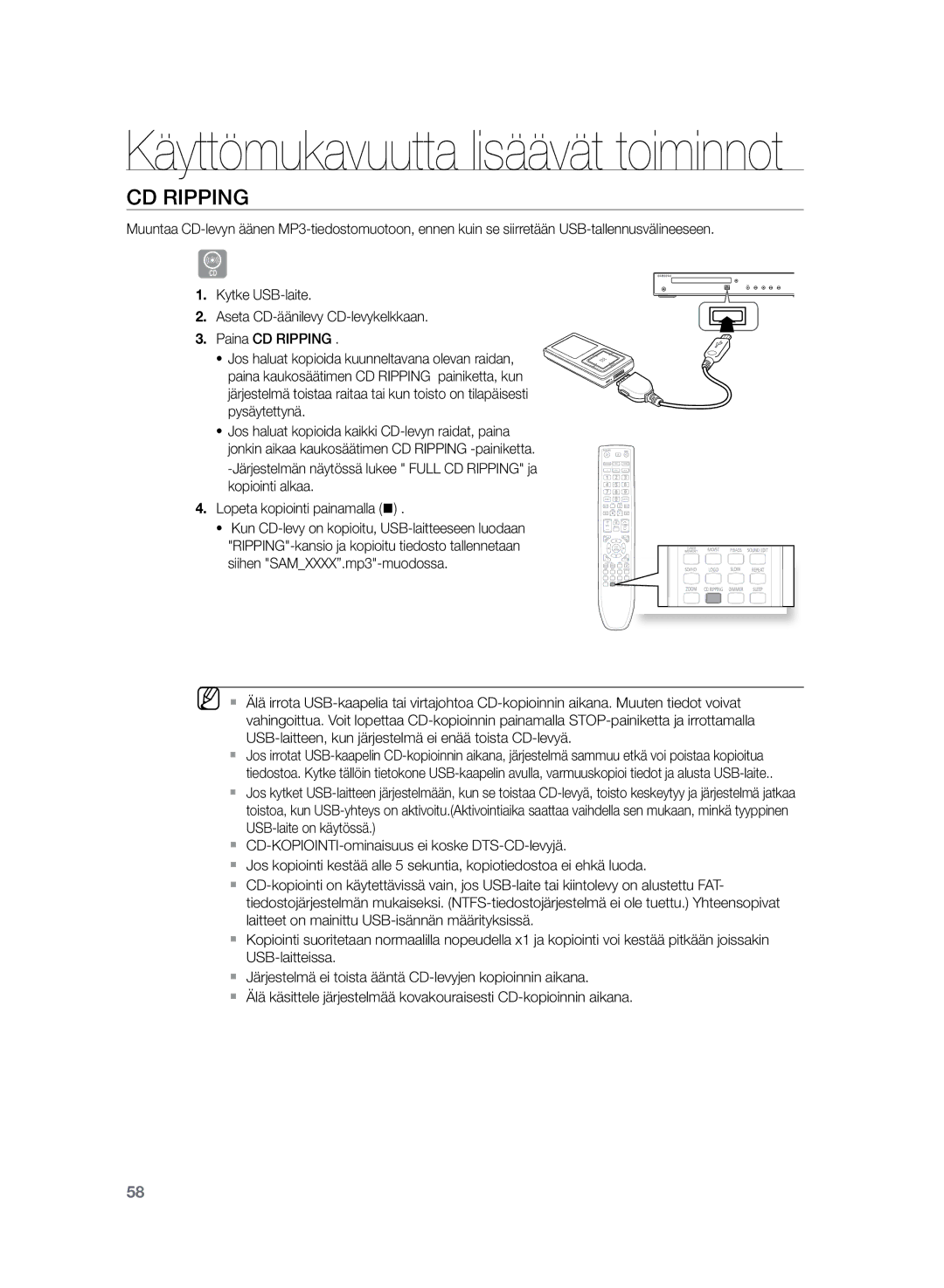 Samsung HT-Z220R/XEE, HT-TZ222R/XEE, HT-TZ225R/XEE manual Käyttömukavuutta lisäävät toiminnot, CD rIPPING 