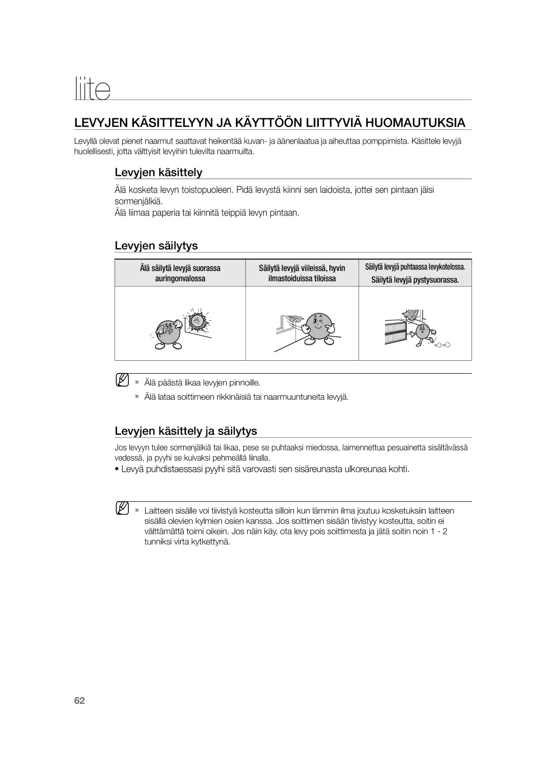 Samsung HT-TZ225R/XEE, HT-TZ222R/XEE manual Liite, Levyjen käsittelyyn ja käyttöön liittyviä huomautuksia, Levyjen säilytys 