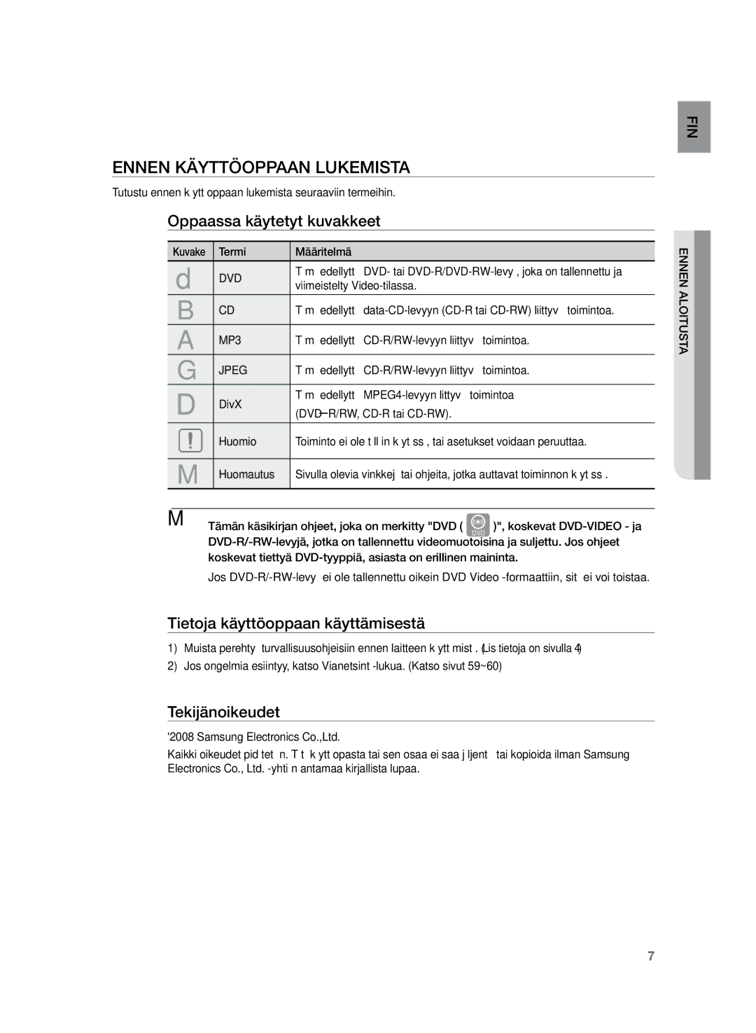 Samsung HT-Z220R/XEE manual Ennen käyttöoppaan lukemista, Oppaassa käytetyt kuvakkeet, Tietoja käyttöoppaan käyttämisestä 