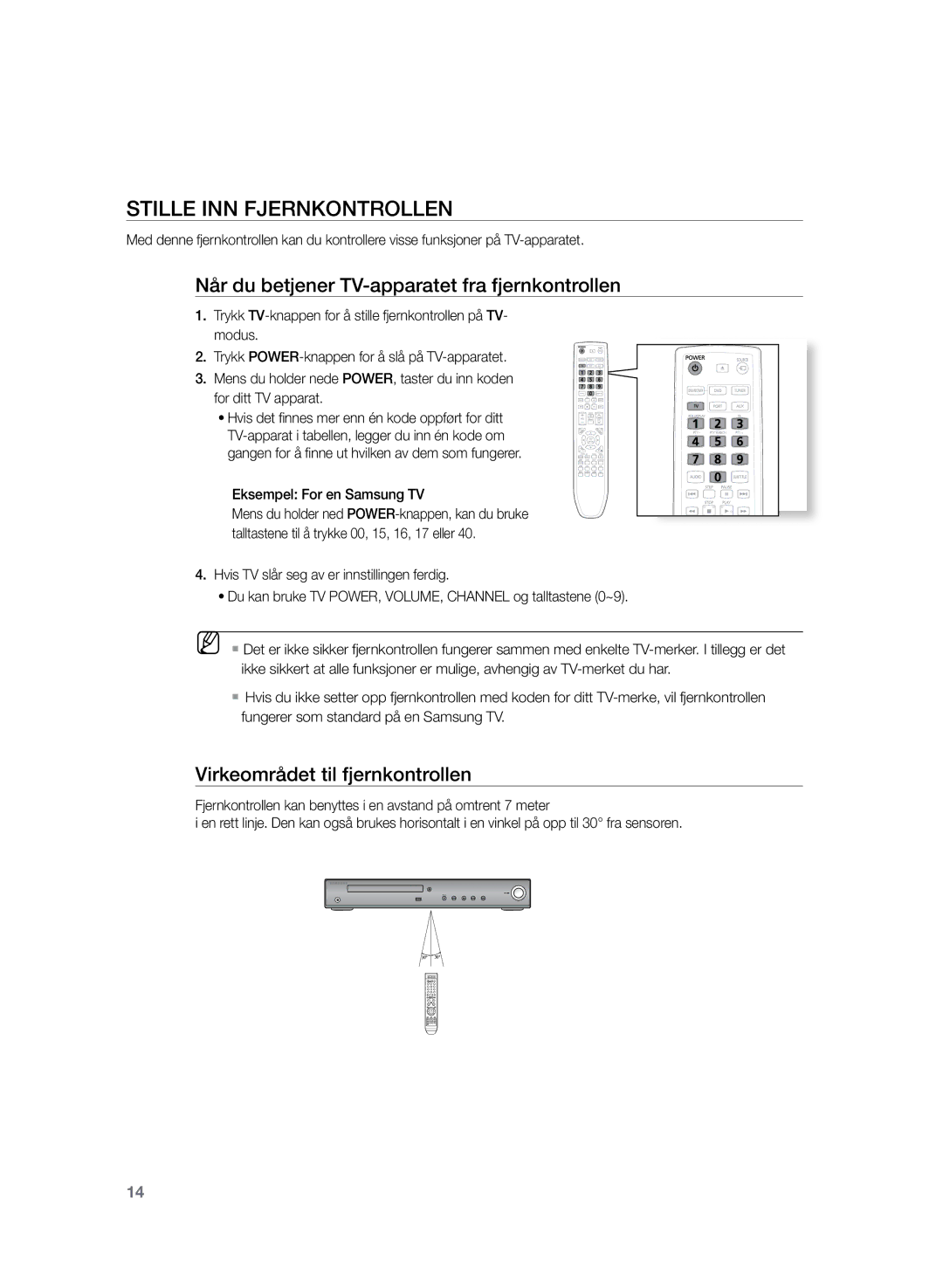 Samsung HT-TZ225R/XEE, HT-TZ222R/XEE manual Stille inn fjernkontrollen, Når du betjener TV-apparatet fra fjernkontrollen 