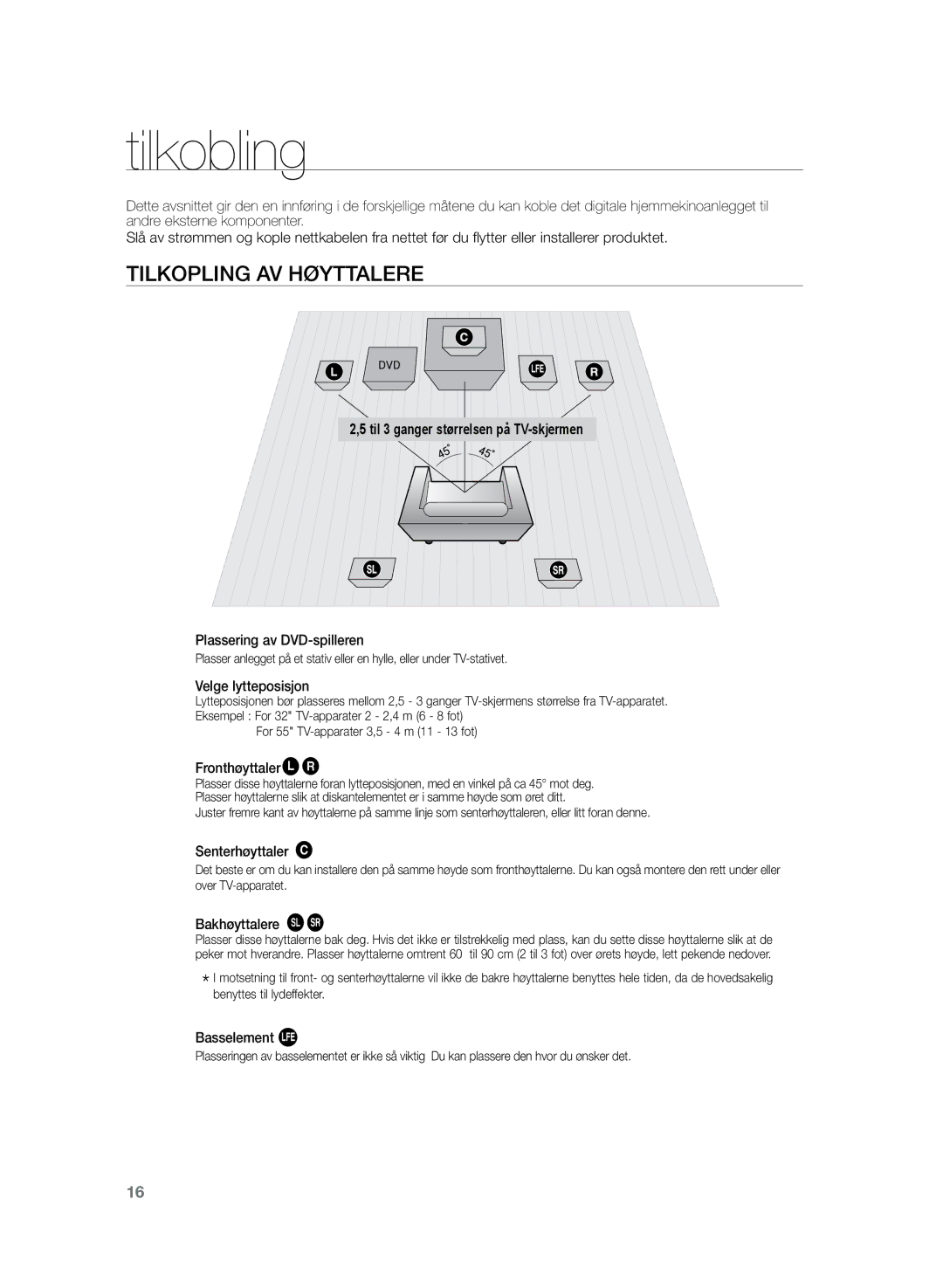 Samsung HT-Z220R/XEE, HT-TZ222R/XEE, HT-TZ225R/XEE manual Tilkobling, Tilkopling av høyttalere 