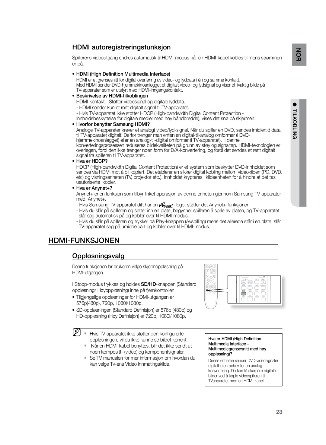 Samsung HT-TZ225R/XEE, HT-TZ222R/XEE, HT-Z220R/XEE manual HDMI-funksjonen, Hdmi autoregistreringsfunksjon, Oppløsningsvalg 