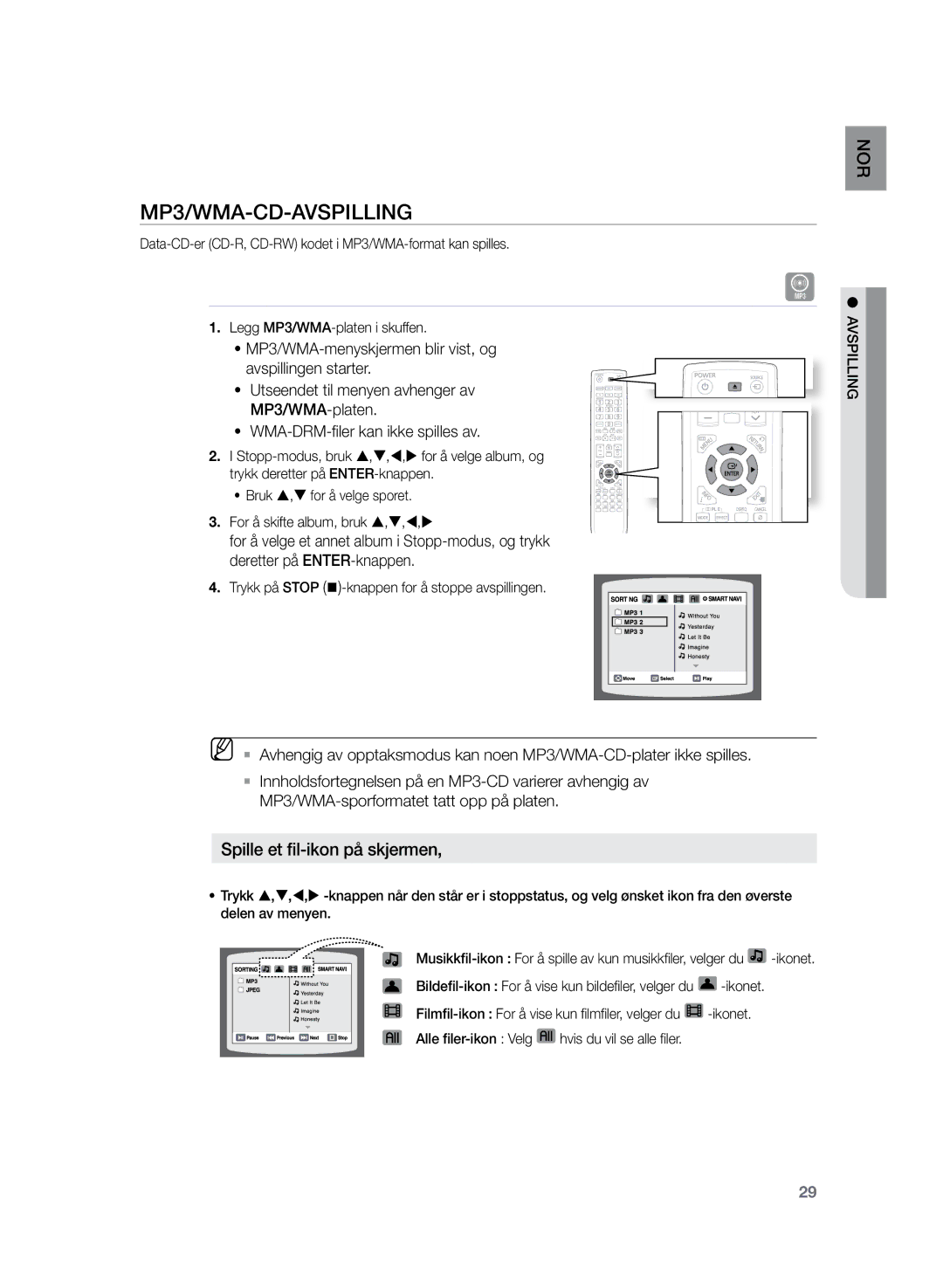 Samsung HT-TZ225R/XEE, HT-TZ222R/XEE, HT-Z220R/XEE manual MP3/WMA-CD-avspilling, Spille et fil-ikon på skjermen, Avspillin 