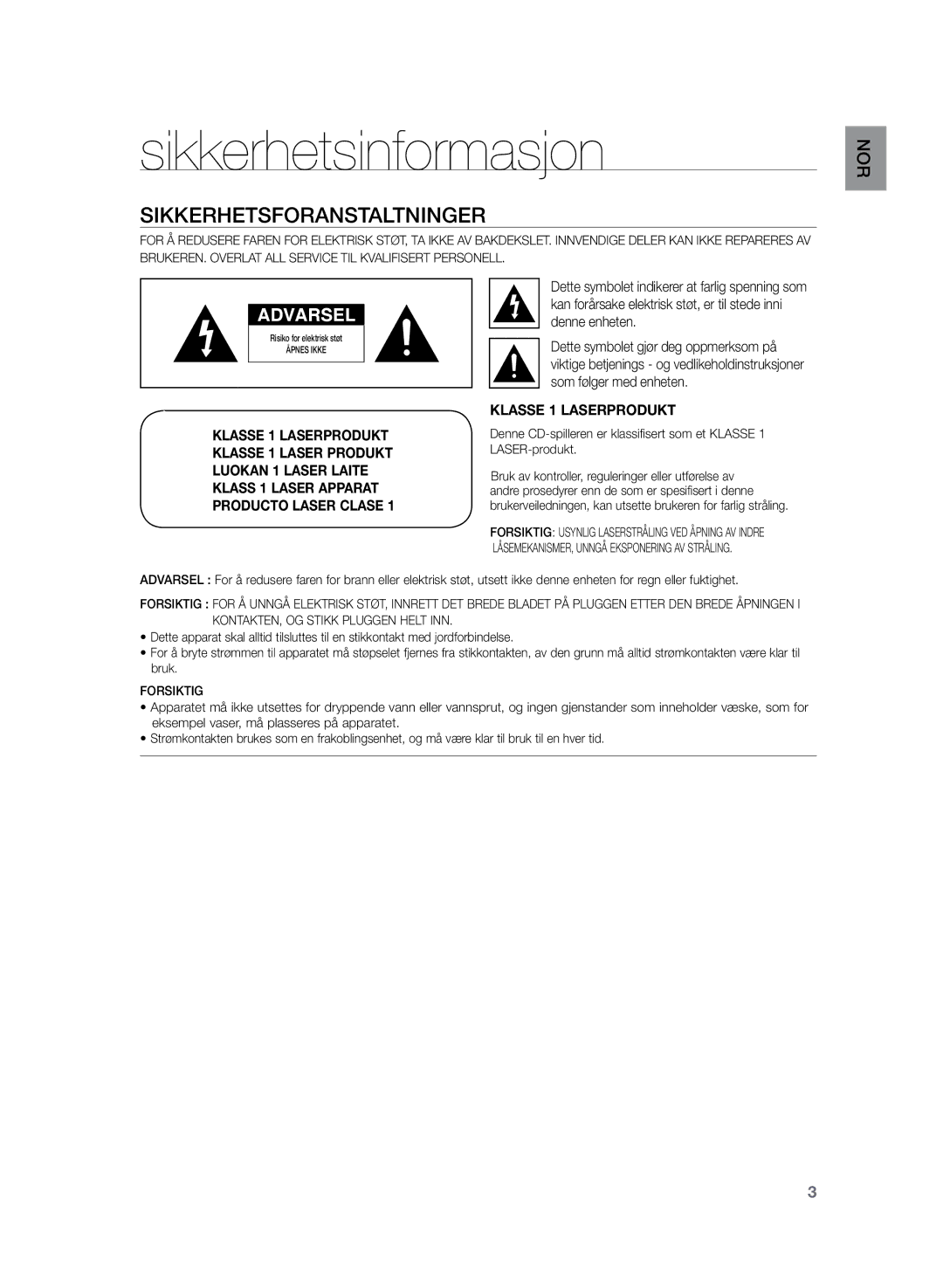 Samsung HT-TZ222R/XEE, HT-Z220R/XEE, HT-TZ225R/XEE manual Sikkerhetsinformasjon, Sikkerhetsforanstaltninger, Nor 