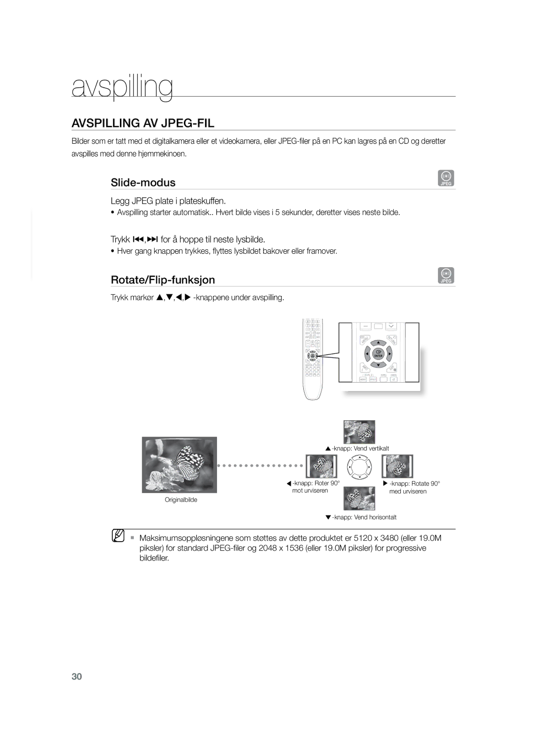 Samsung HT-TZ222R/XEE manual Avspilling av JPEG-fil, Slide-modus, Rotate/Flip-funksjon, Legg Jpeg plate i plateskuffen 