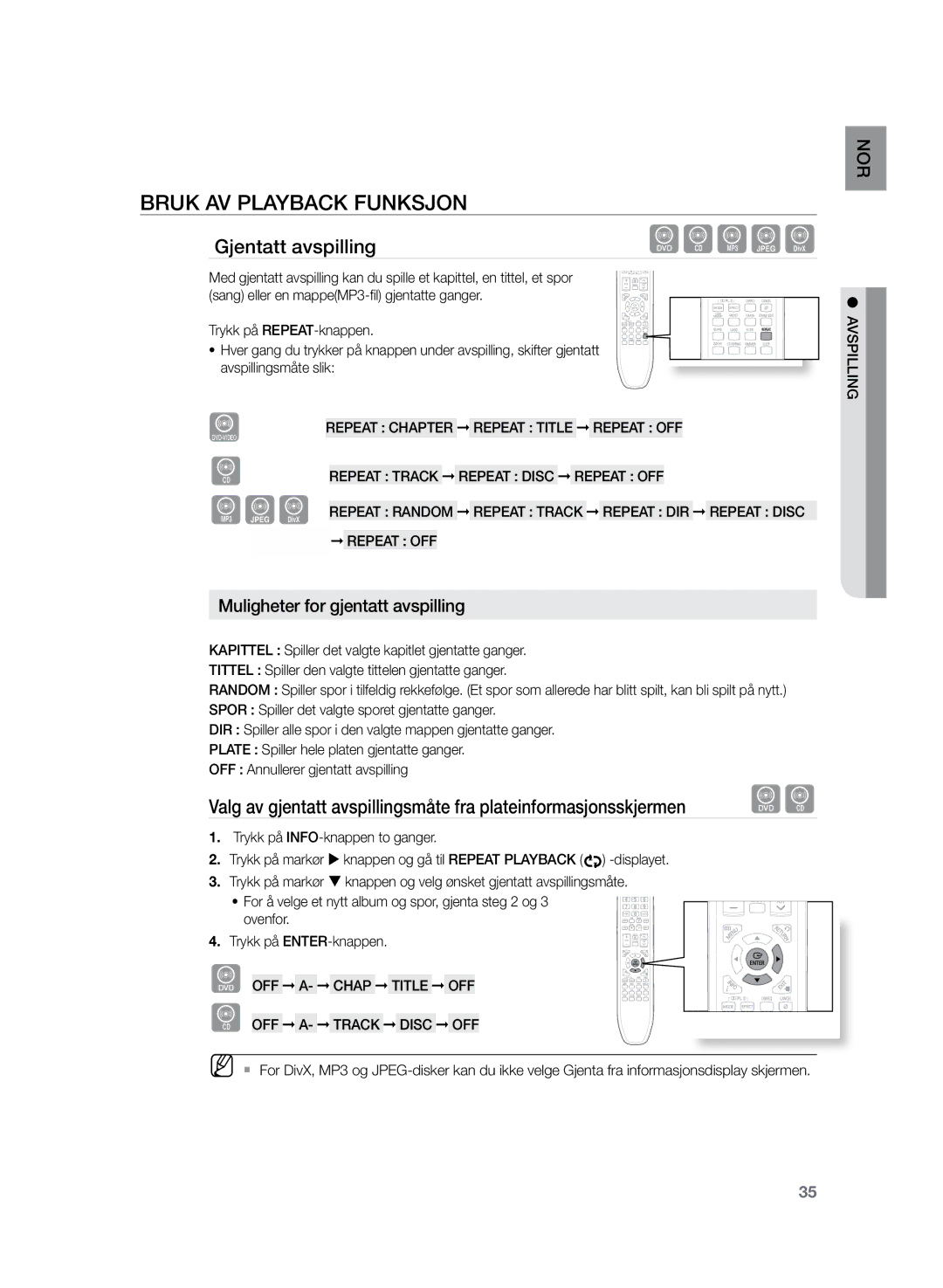 Samsung HT-TZ225R/XEE Gjentatt avspilling, Muligheter for gjentatt avspilling, Repeat Chapter Repeat Title Repeat OFF 