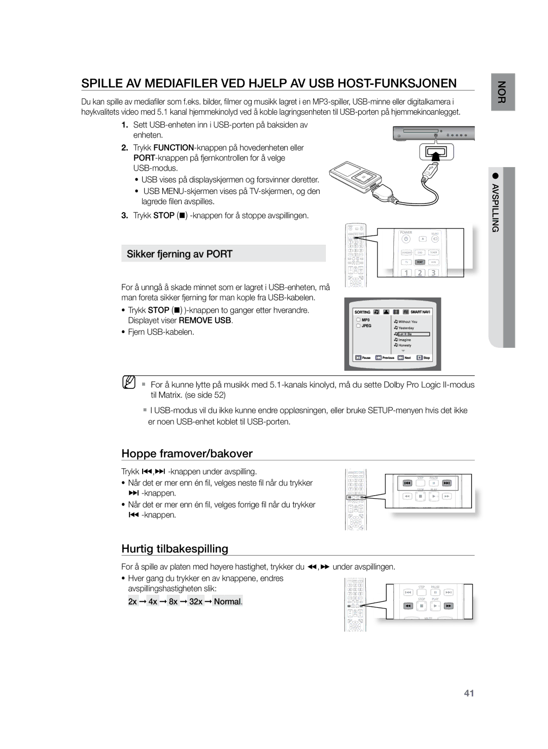 Samsung HT-TZ225R/XEE, HT-TZ222R/XEE manual Spille AV Mediafiler ved hjelp av USB HOST-funksjonen, Hoppe framover/bakover 