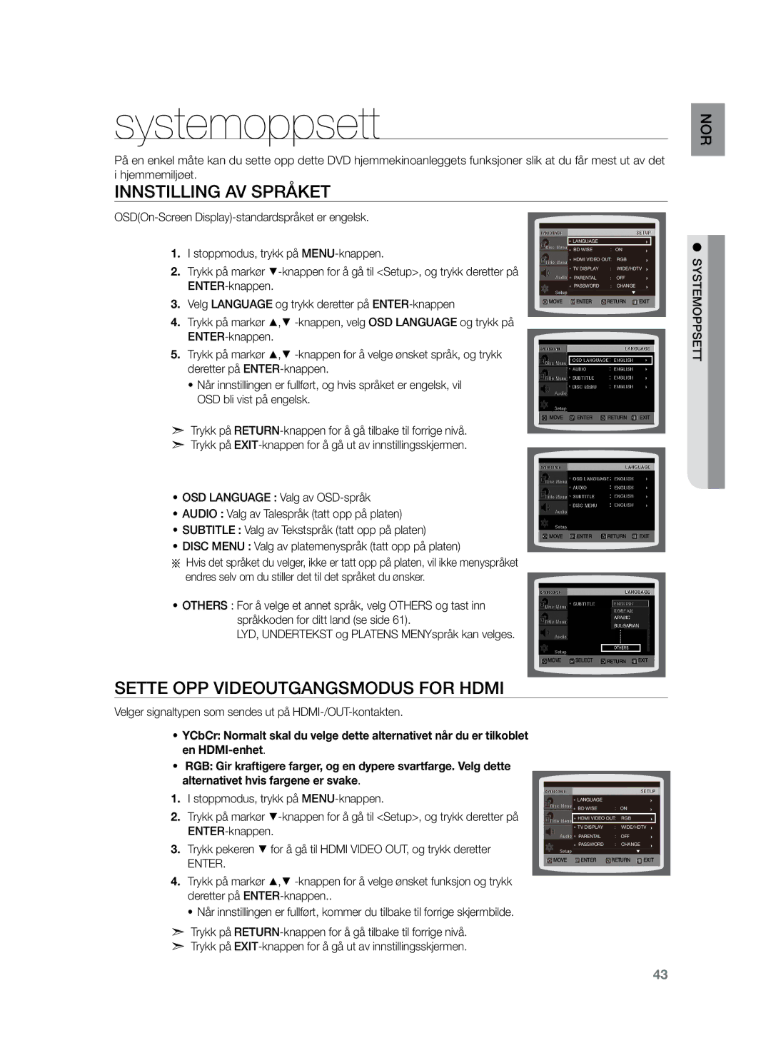 Samsung HT-Z220R/XEE Systemoppsett, Innstilling av språket, Velger signaltypen som sendes ut på HDMI-/OUT-kontakten, Enter 