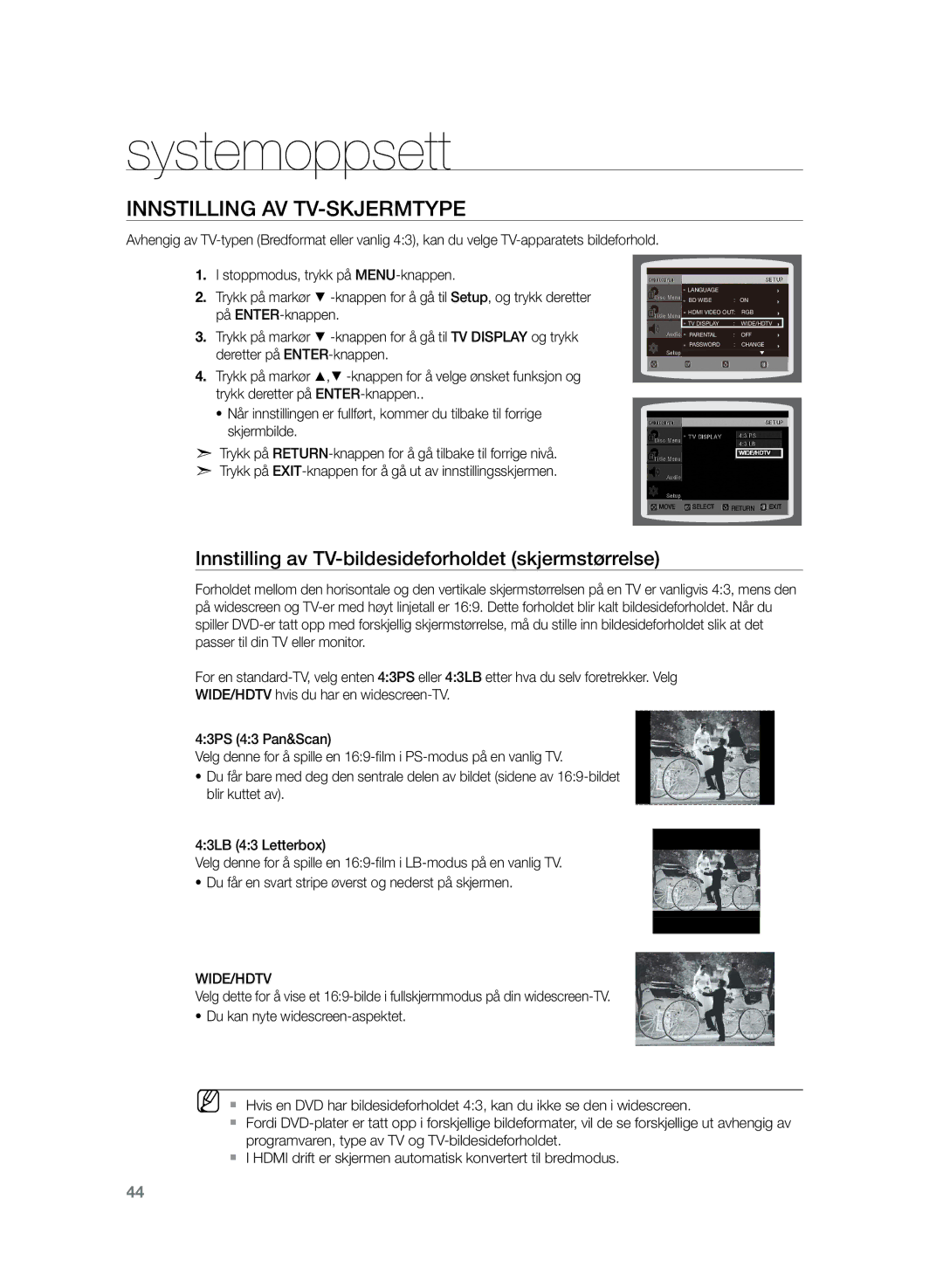 Samsung HT-TZ225R/XEE manual Innstilling av TV-skjermtype, Innstilling av TV-bildesideforholdet skjermstørrelse, Wide/Hdtv 