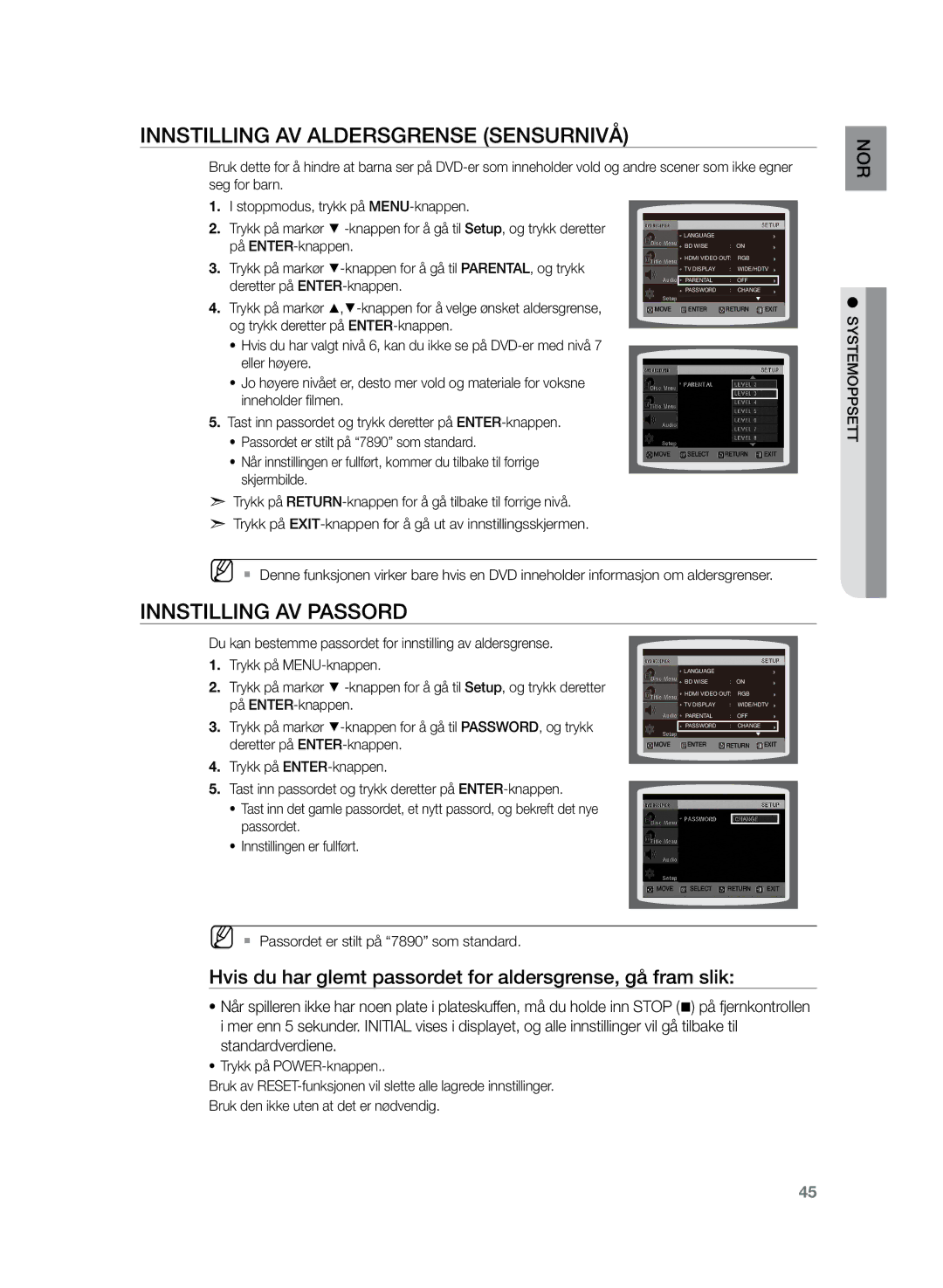 Samsung HT-TZ222R/XEE, HT-Z220R/XEE, HT-TZ225R/XEE manual Innstilling av aldersgrense Sensurnivå, Innstilling av passord 