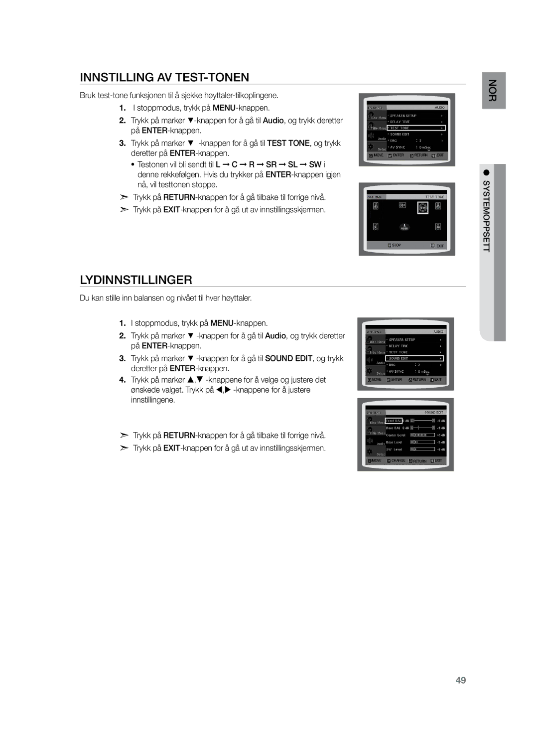 Samsung HT-Z220R/XEE, HT-TZ222R/XEE, HT-TZ225R/XEE manual Innstilling av TEST-TONEN, Lydinnstillinger 