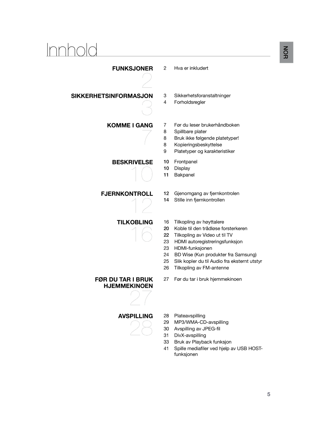 Samsung HT-TZ225R/XEE, HT-TZ222R/XEE, HT-Z220R/XEE manual Innhold, Hva er inkludert, Forholdsregler 