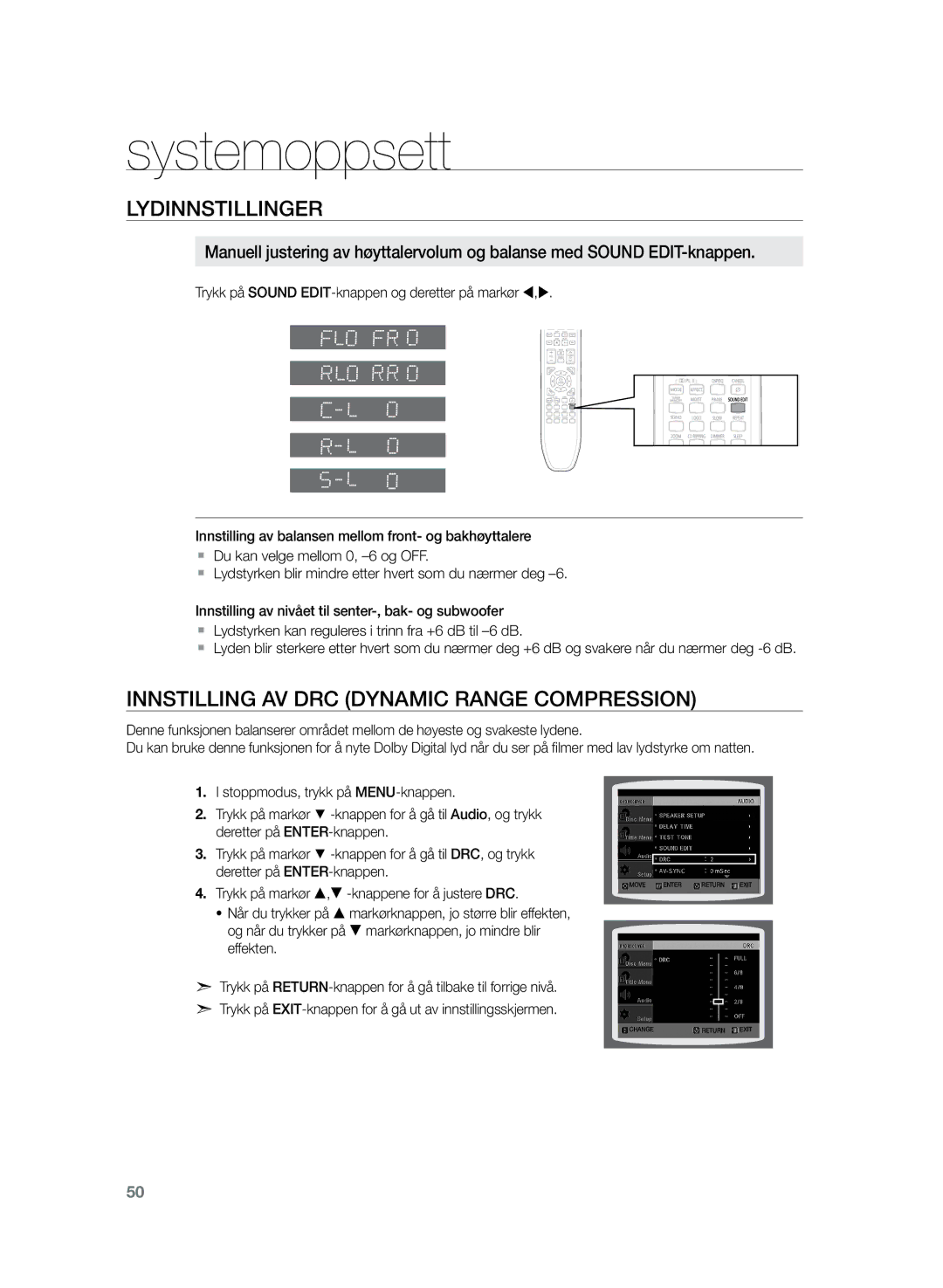 Samsung HT-TZ225R/XEE, HT-TZ222R/XEE, HT-Z220R/XEE manual Innstilling av DRC Dynamic Range Compression 